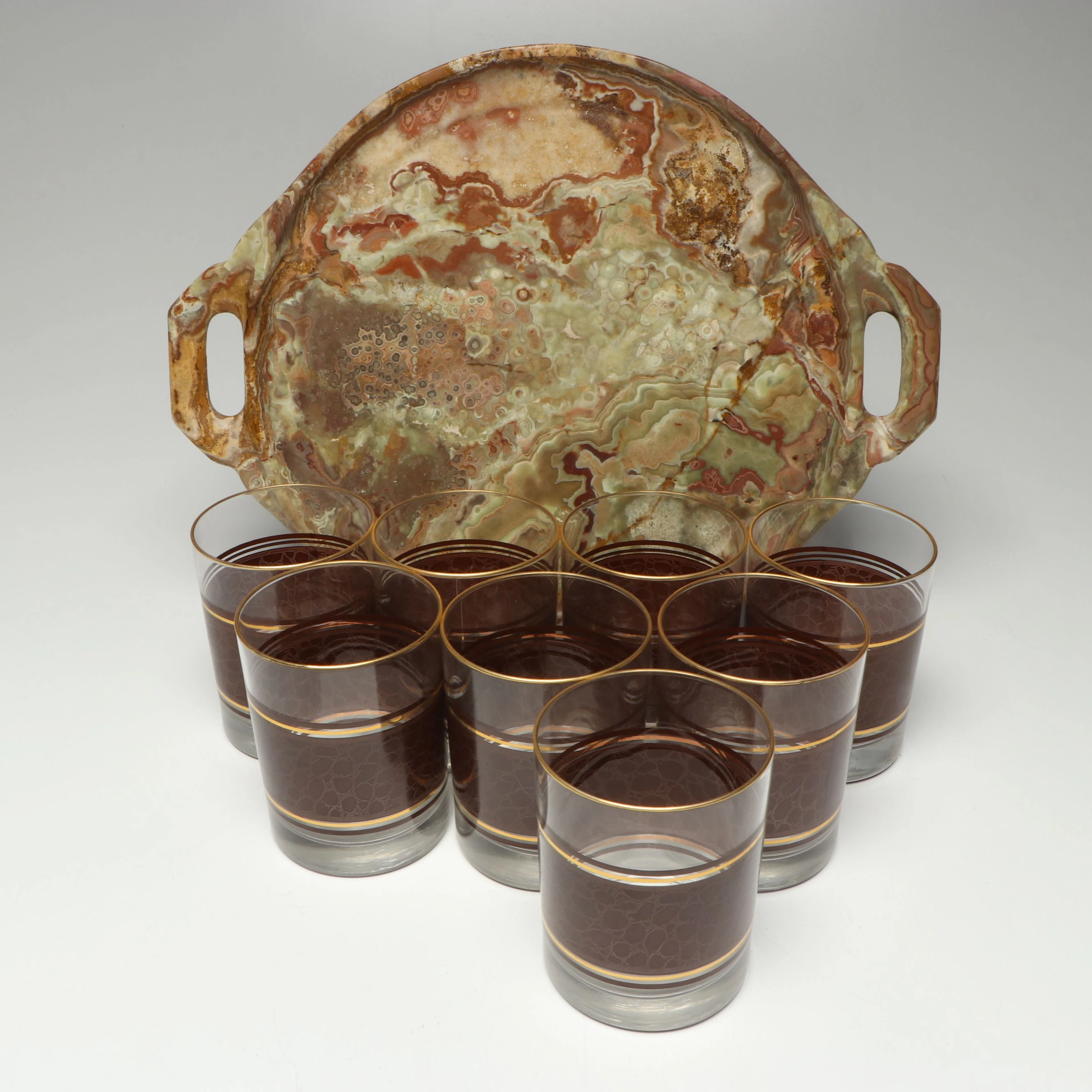 Polished Onyx Tray with Gilt Trim Old Fashioned Glasses