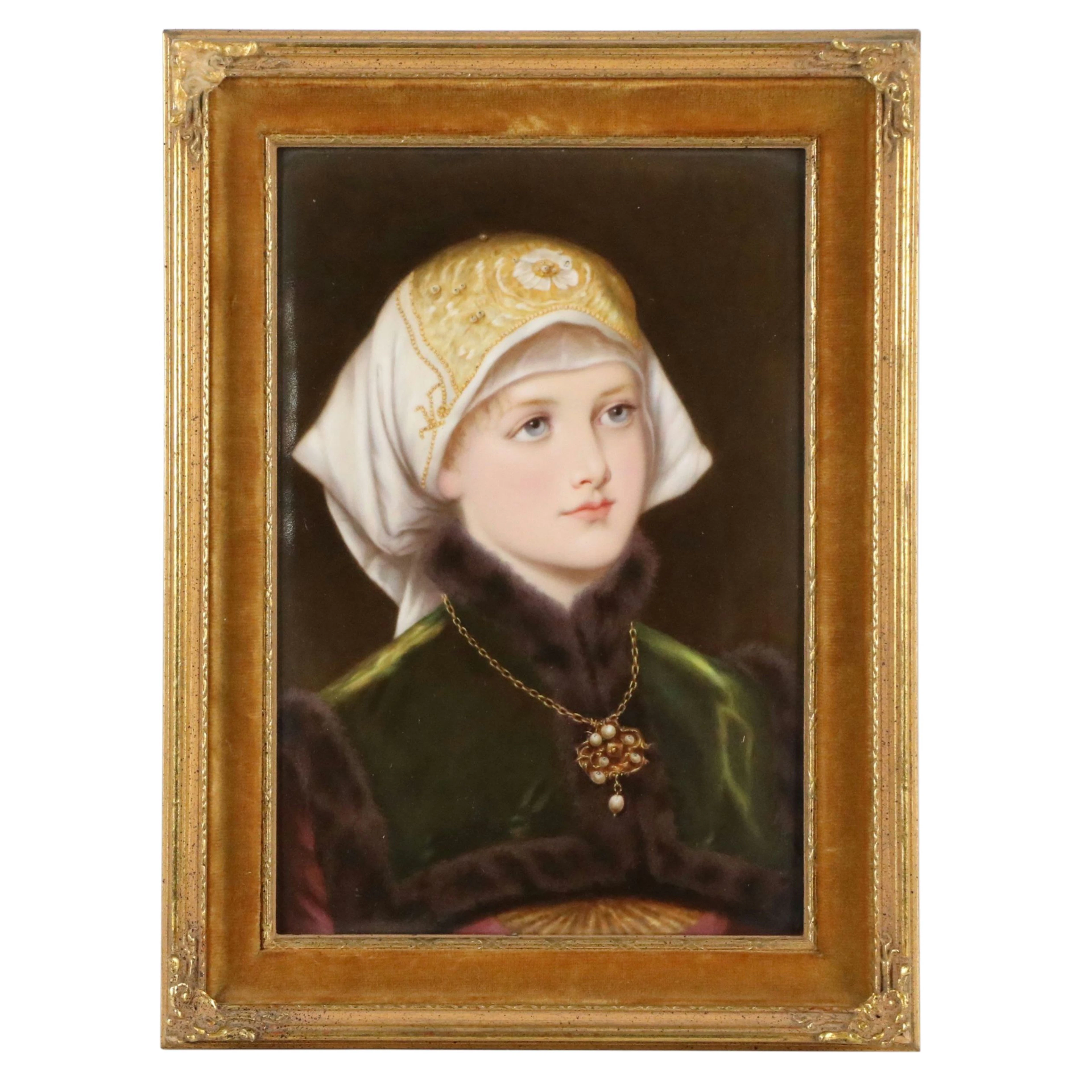 Antique KPM Berlin Porcelain Plaque Portrait of Renaissance Lady, 19th Century