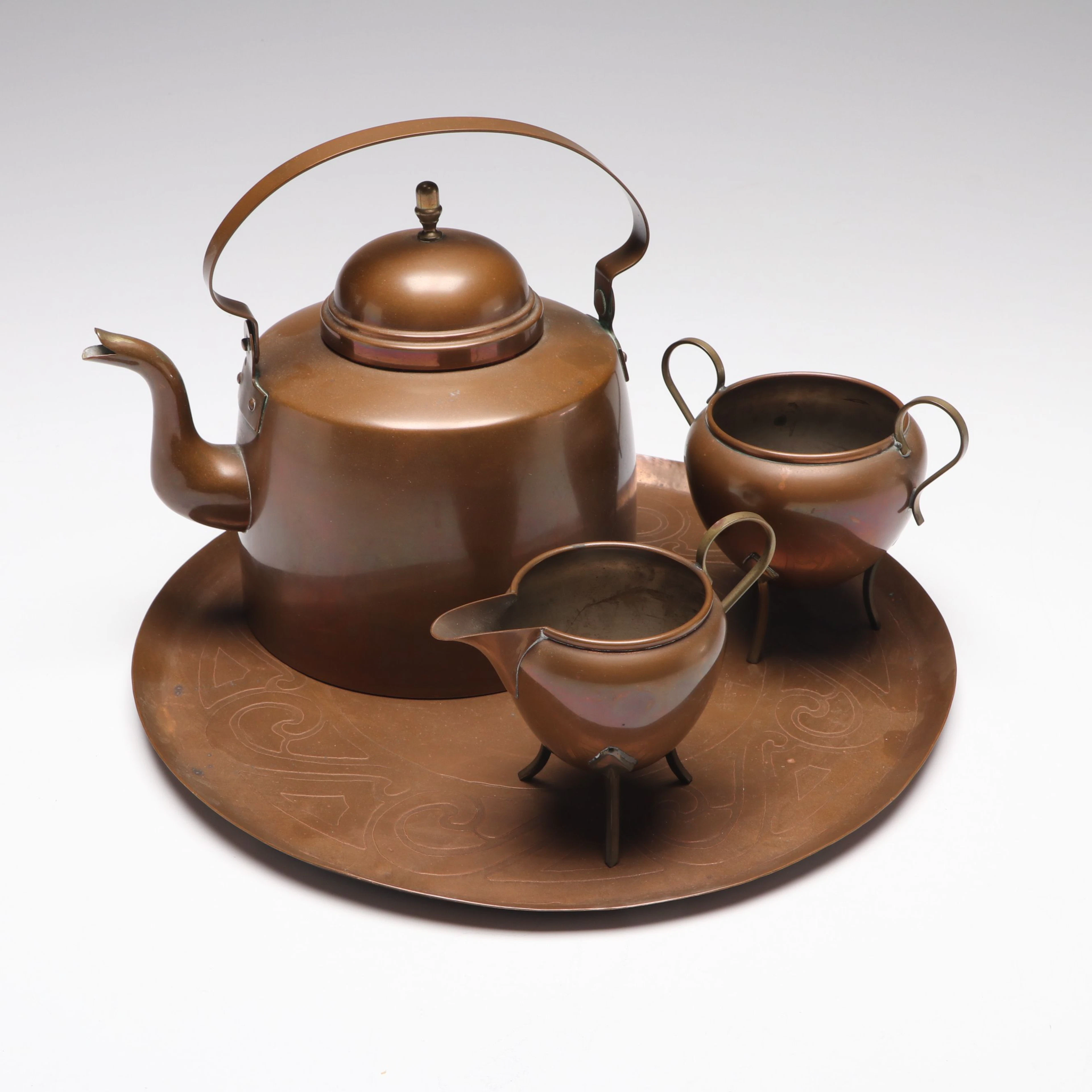 J. H. Lagerstedt Art Deco Style Copper Teapot, Creamer and Sugar with Tray