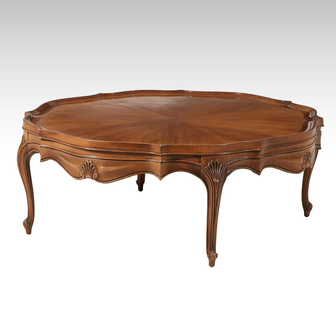 French Provincial Style Walnut Finish Round Coffee Table, Mid to Late 20th C.