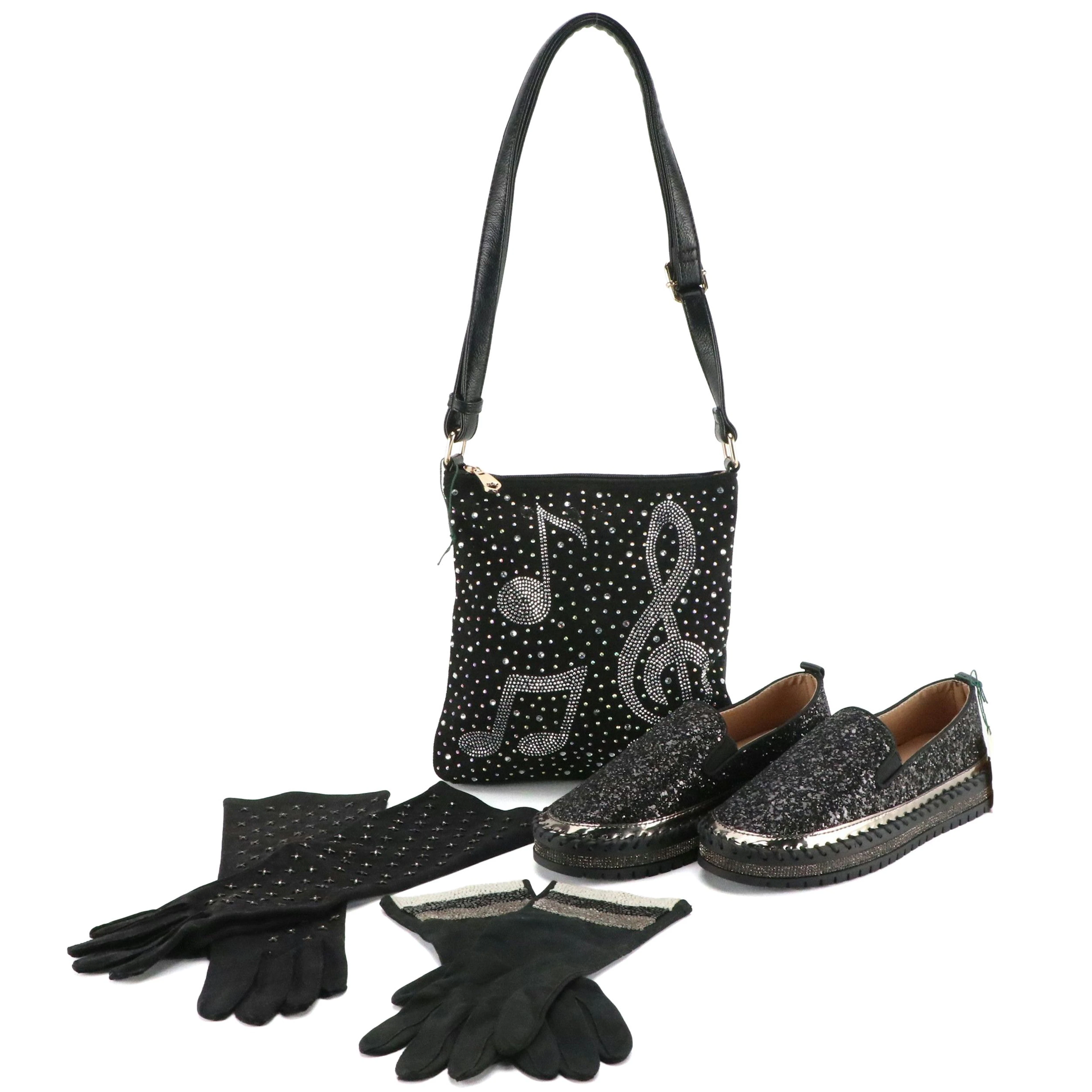 Rhinestone Embellished Musical Note Bag, Glitter Shoes, & Beaded Vintage Gloves