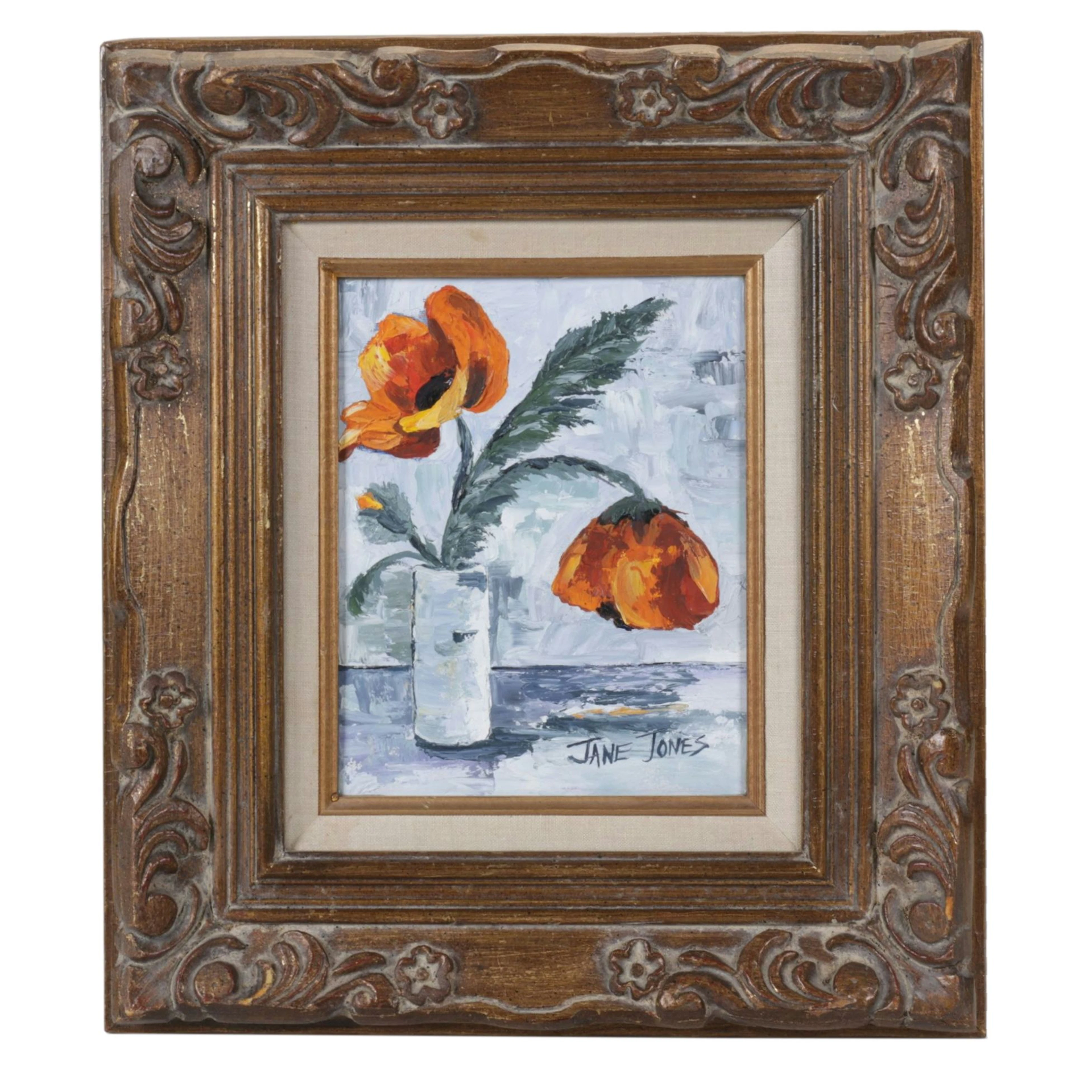 Jane Jones Impasto Still Life Oil Painting of Poppies in Vase, 20th C.