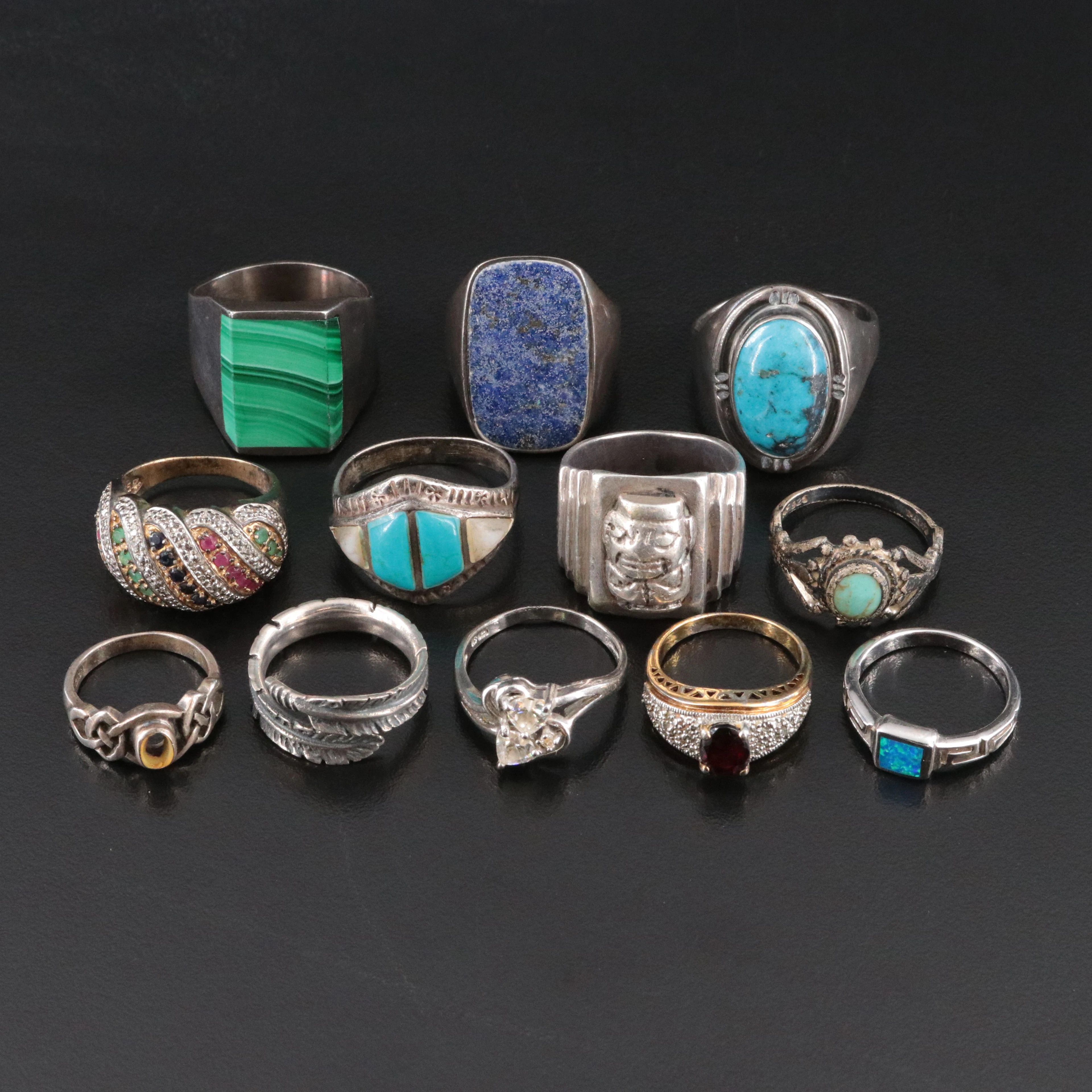 Western Sterling Rings Including Mexican Turquoise and Malachite
