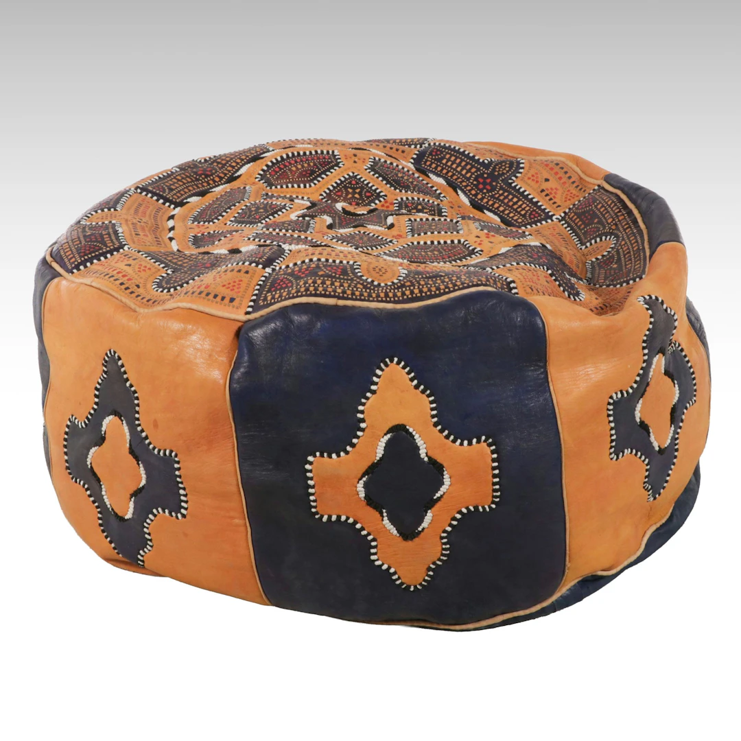 Moroccan Style Navy and Orange Leather Pouf