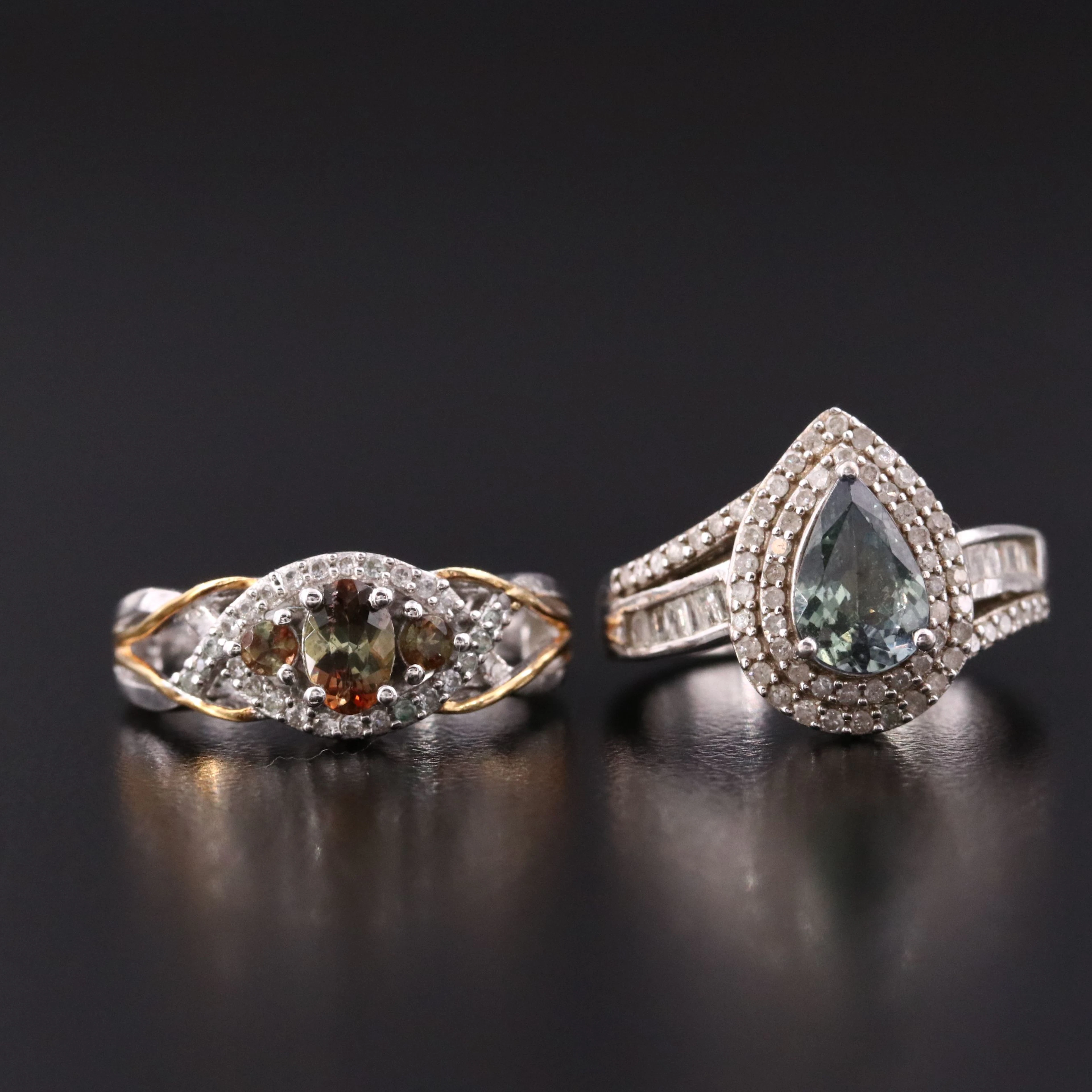 Sterling Zoisite and Andalusite Rings Featuring Diamond and White Topaz
