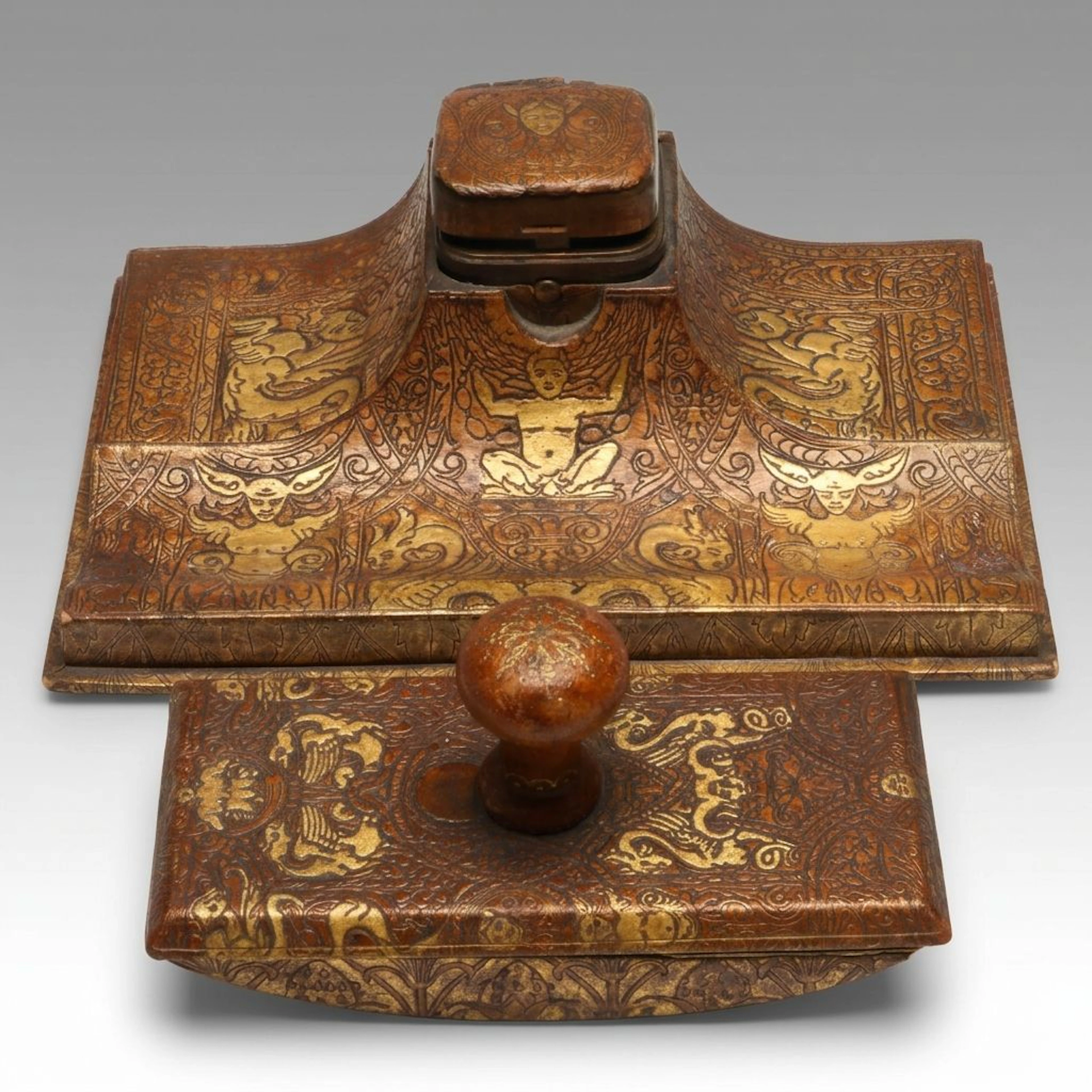 Art Nouveau Style Gold Gilt Leather Inkwell Pen Holder and Rocking Blotter
