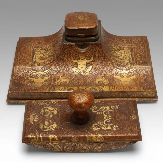 Art Nouveau Style Gold Gilt Leather Inkwell Pen Holder and Rocking Blotter