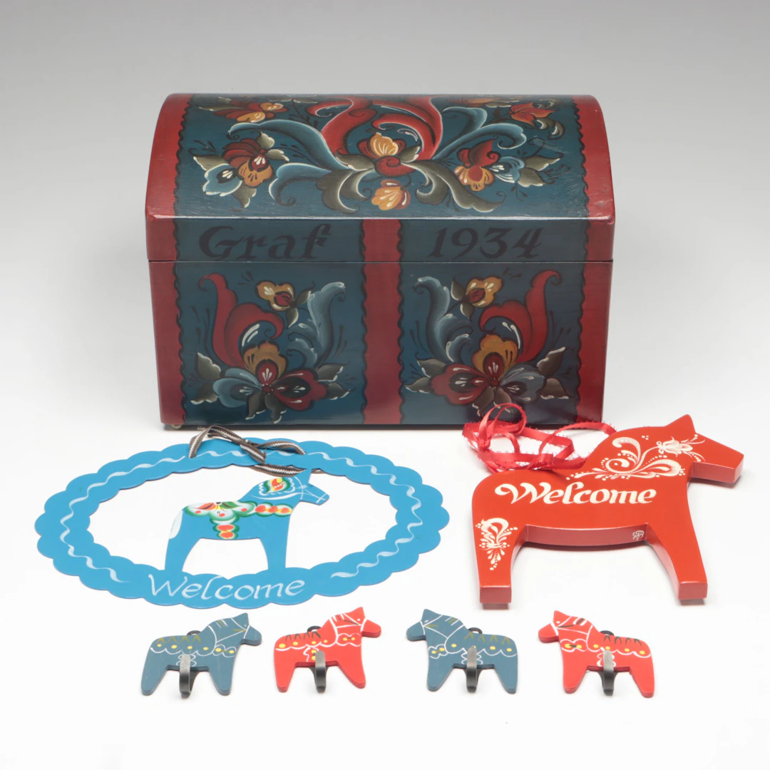 Rosemaling Style Lidded Box with Swedish Horse Form Hooks and More Décor