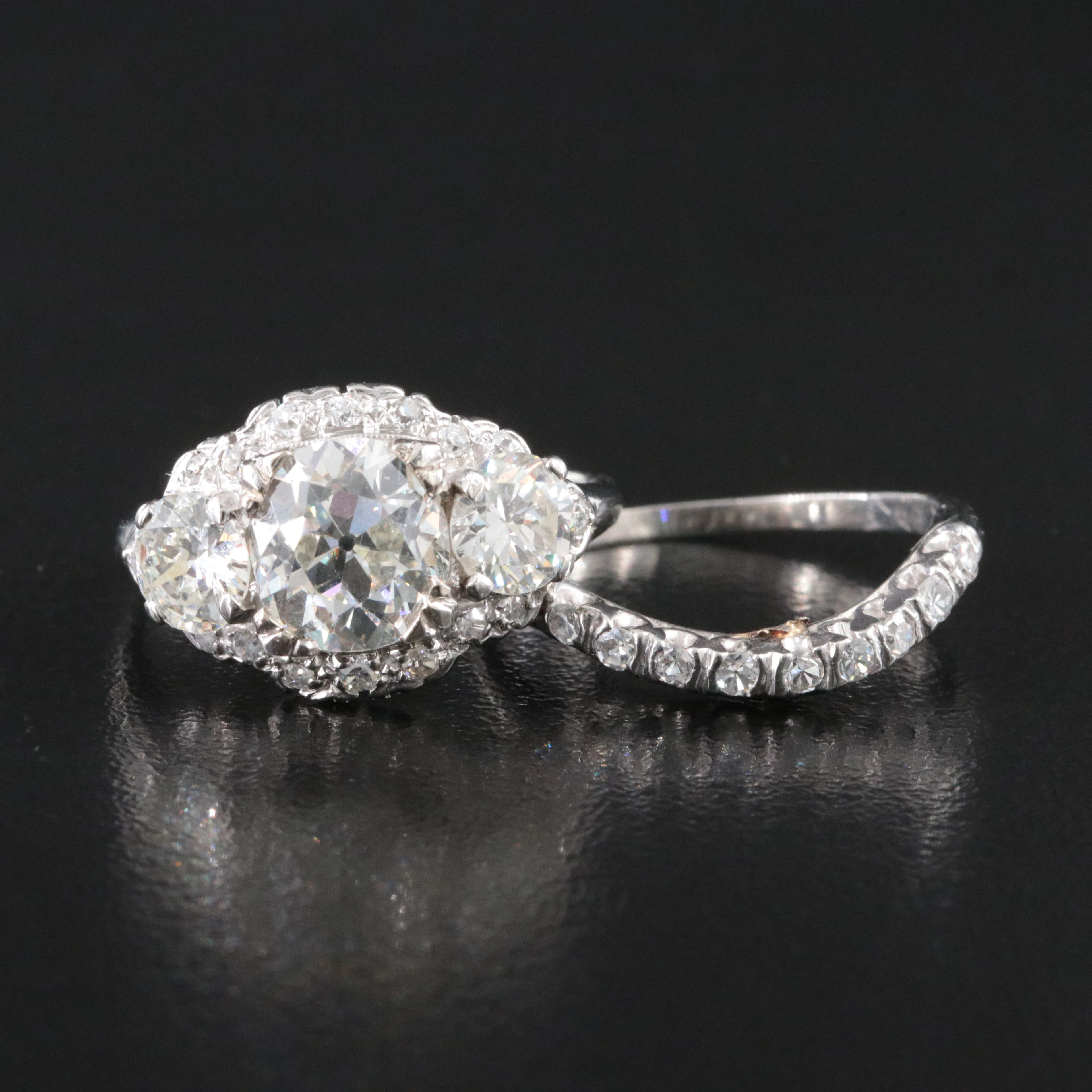 Vintage 3.20 CTW Diamond Platinum Ring and Band Set