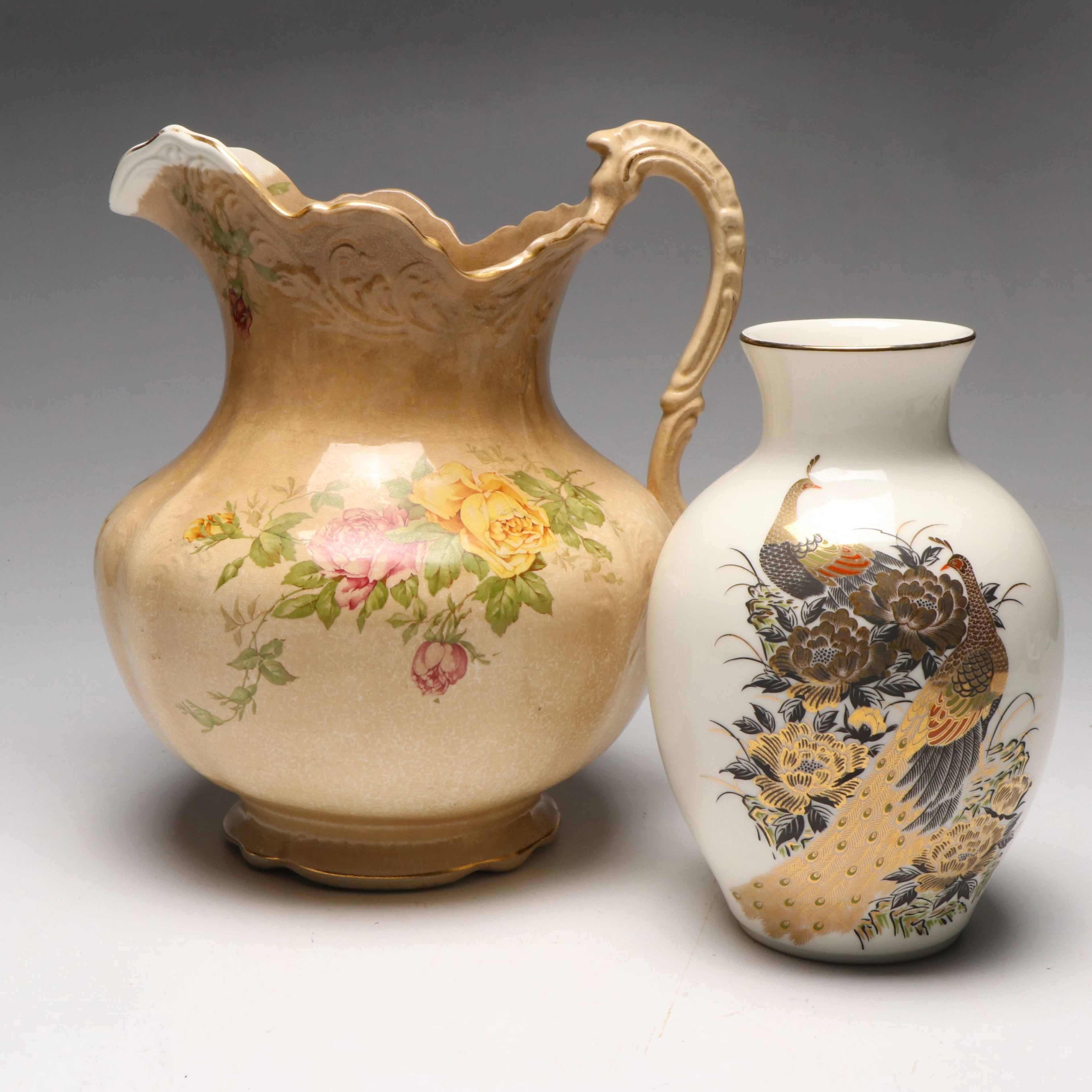 Japanese Gilt Porcelain Peacock Vase with Buffalo Pottery Pitcher