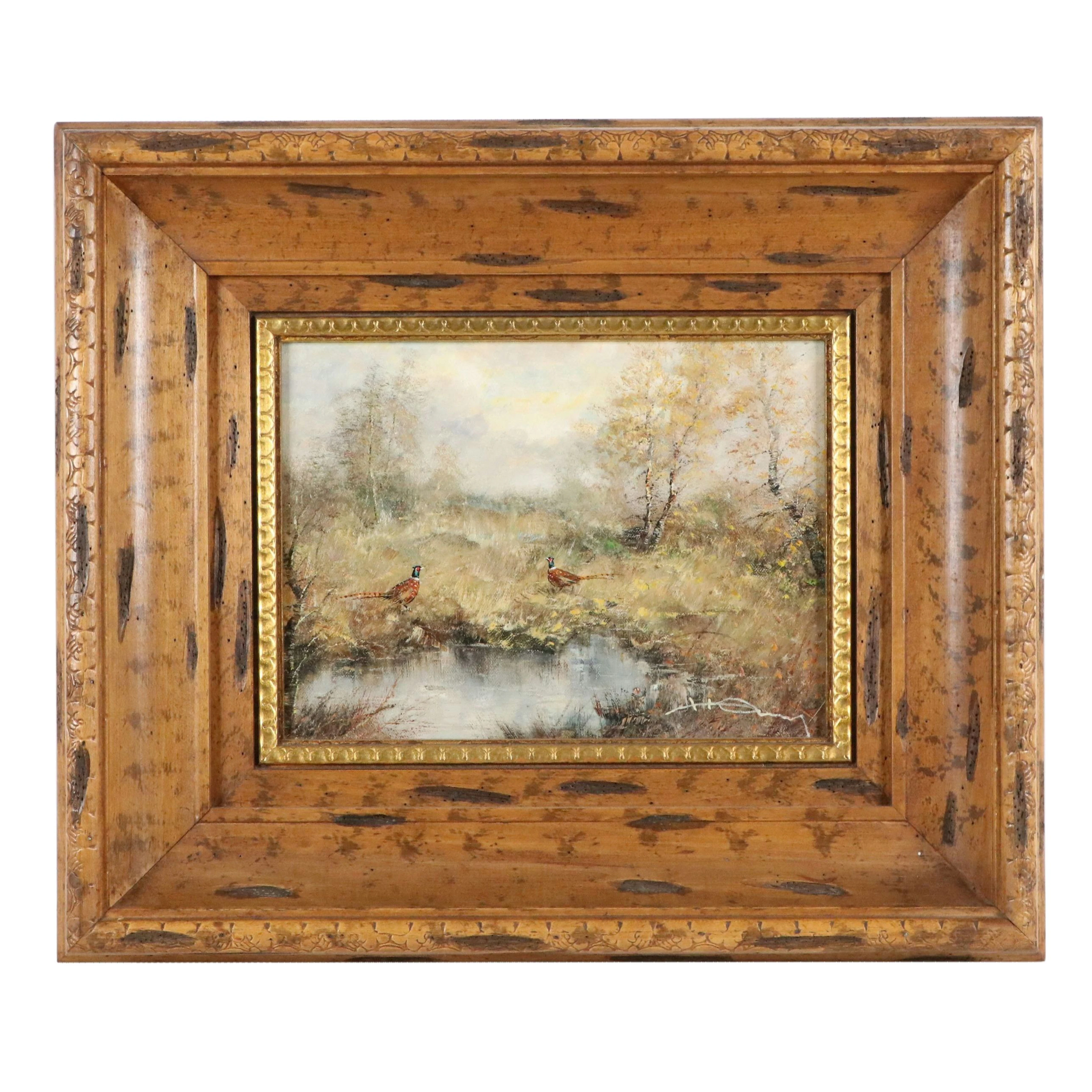 Hans Hansung Forestscape Oil Painting of Pheasants in Mist, Mid to Late 20th C.
