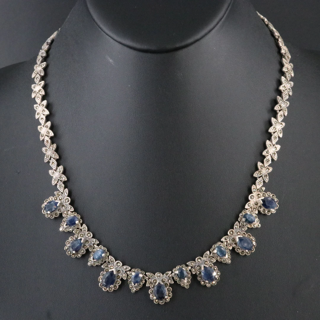 Sterling Sapphire and Marcasite Fringe Necklace