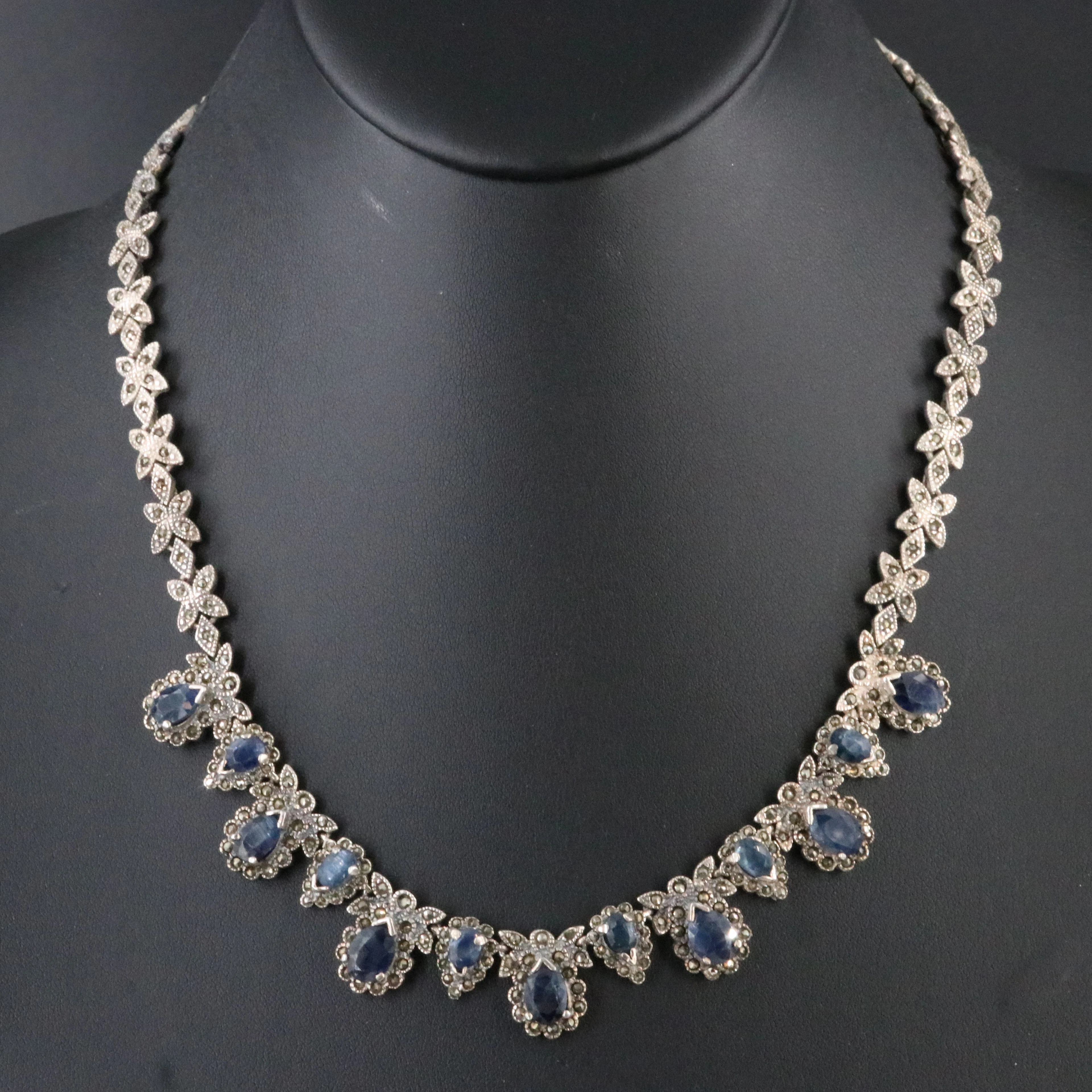 Sterling Sapphire and Marcasite Fringe Necklace
