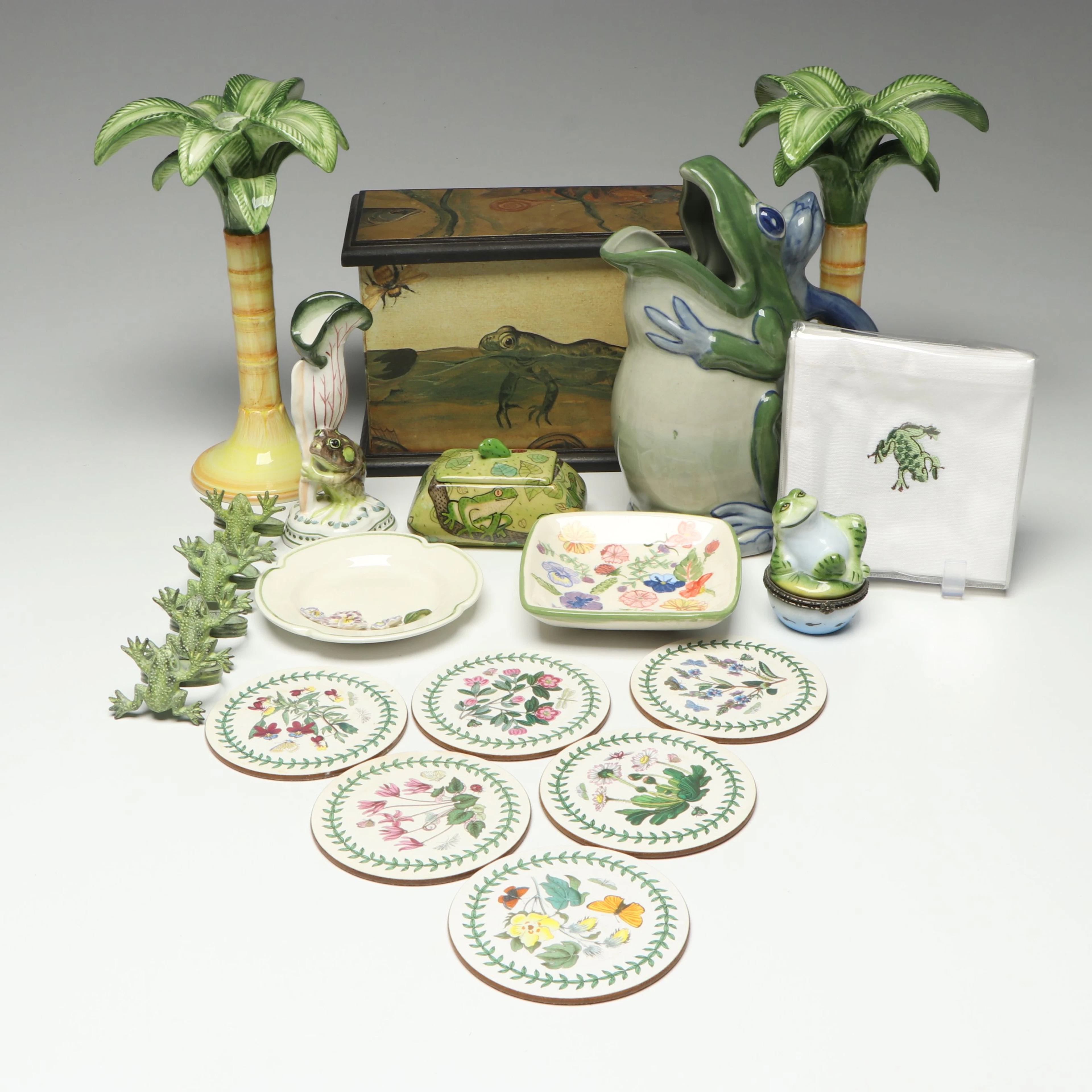 Vietri Palm Tree–Shaped Candlesticks with Frog Pitcher and Other Décor