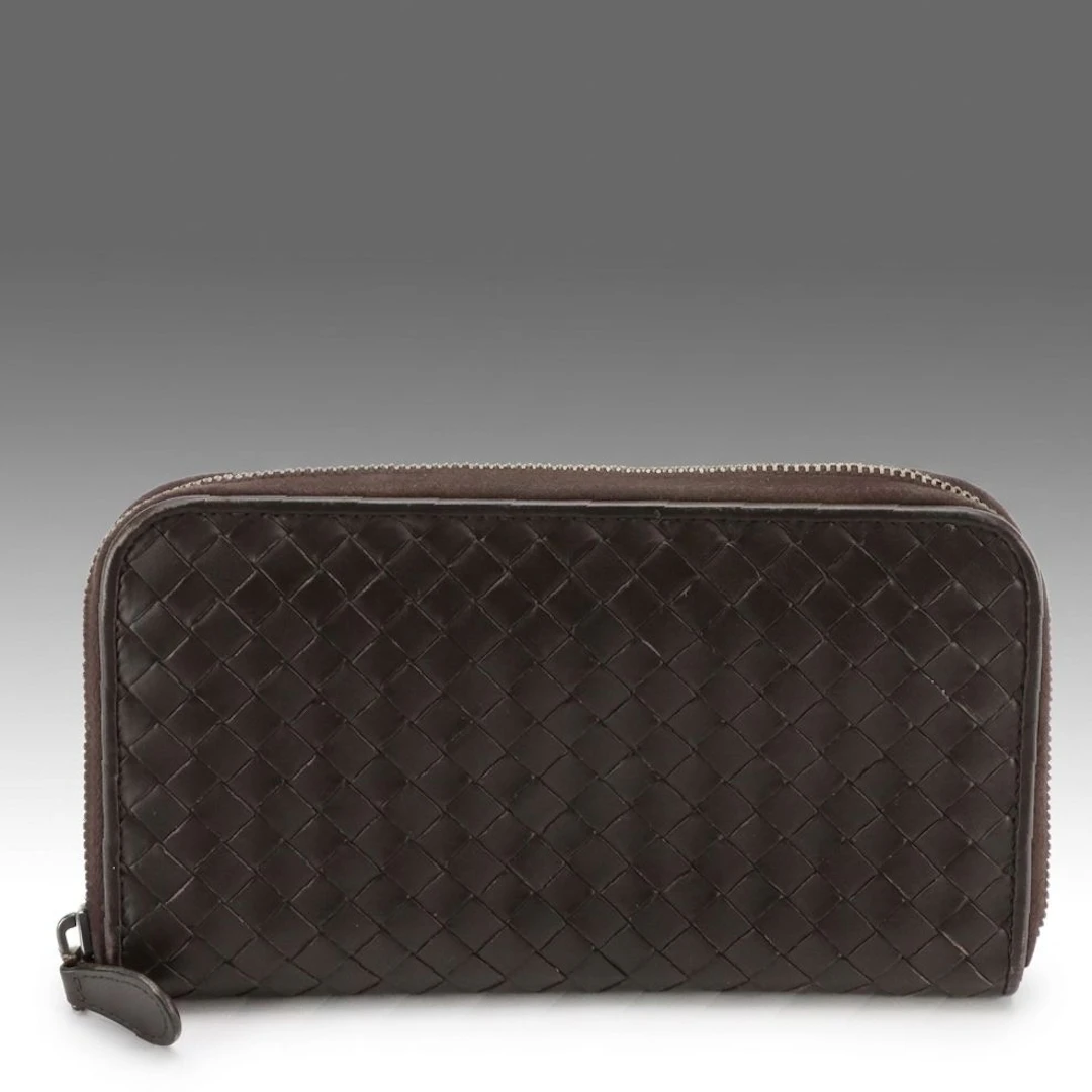 Bottega Veneta Zip Around Wallet in Dark Brown Intrecciato Calfskin Leather