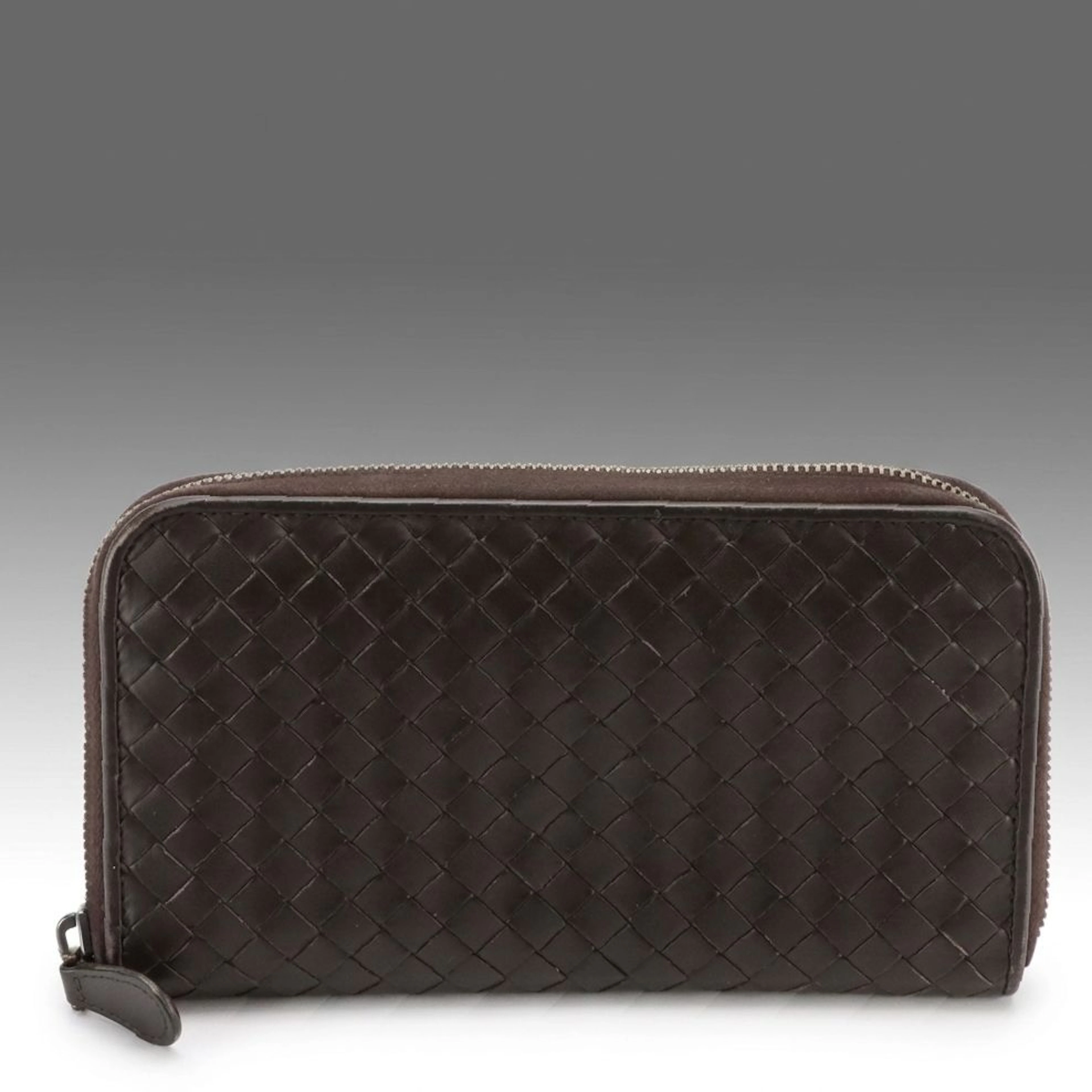 Bottega Veneta Zip Around Wallet in Dark Brown Intrecciato Calfskin Leather