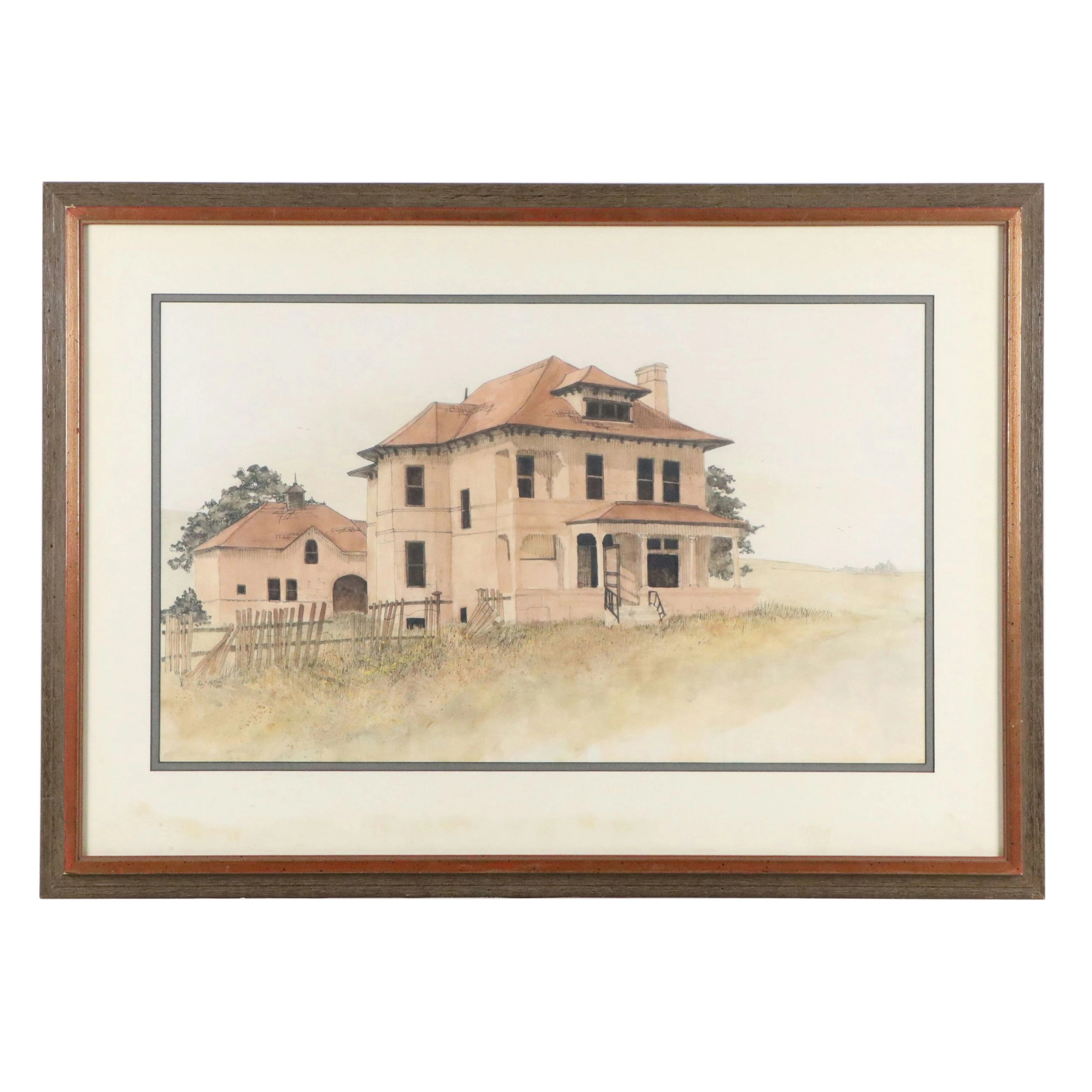 Paul C. Mattson Watercolor and Ink Painting "Only the Flowers Remain," 1973