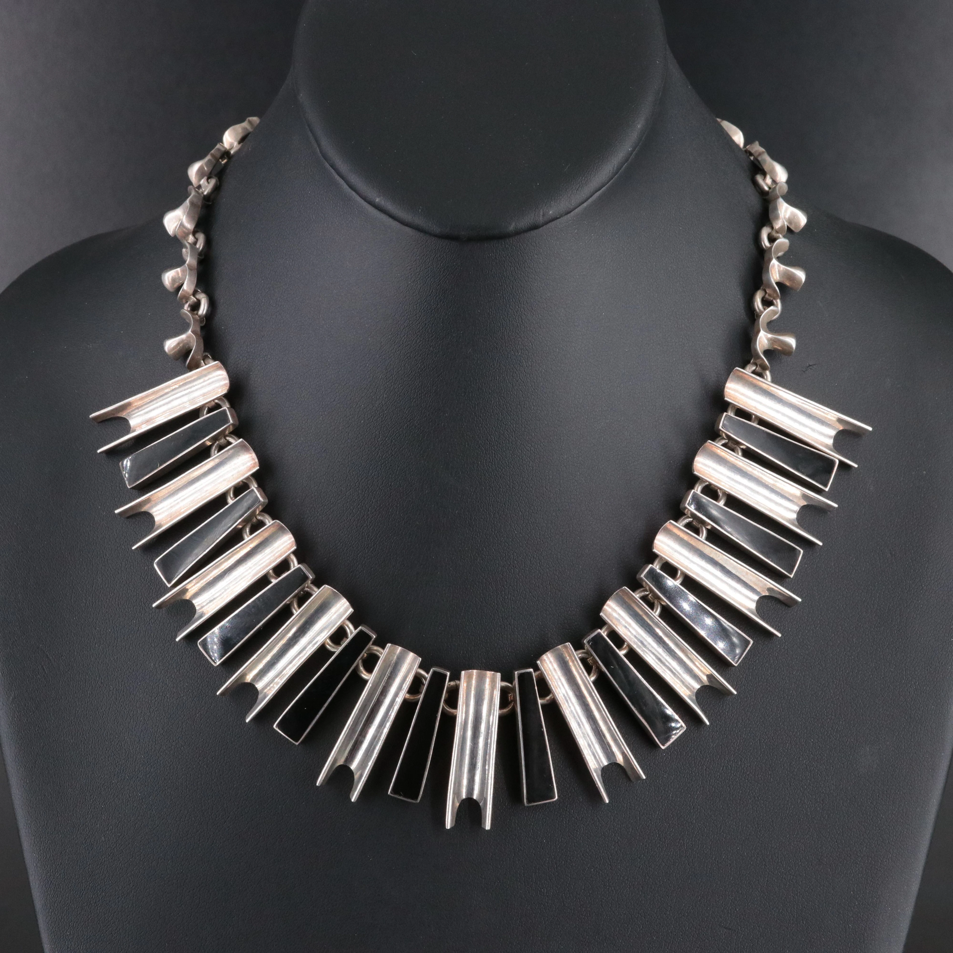 Mexican Modernist Sterling Obsidian Necklace