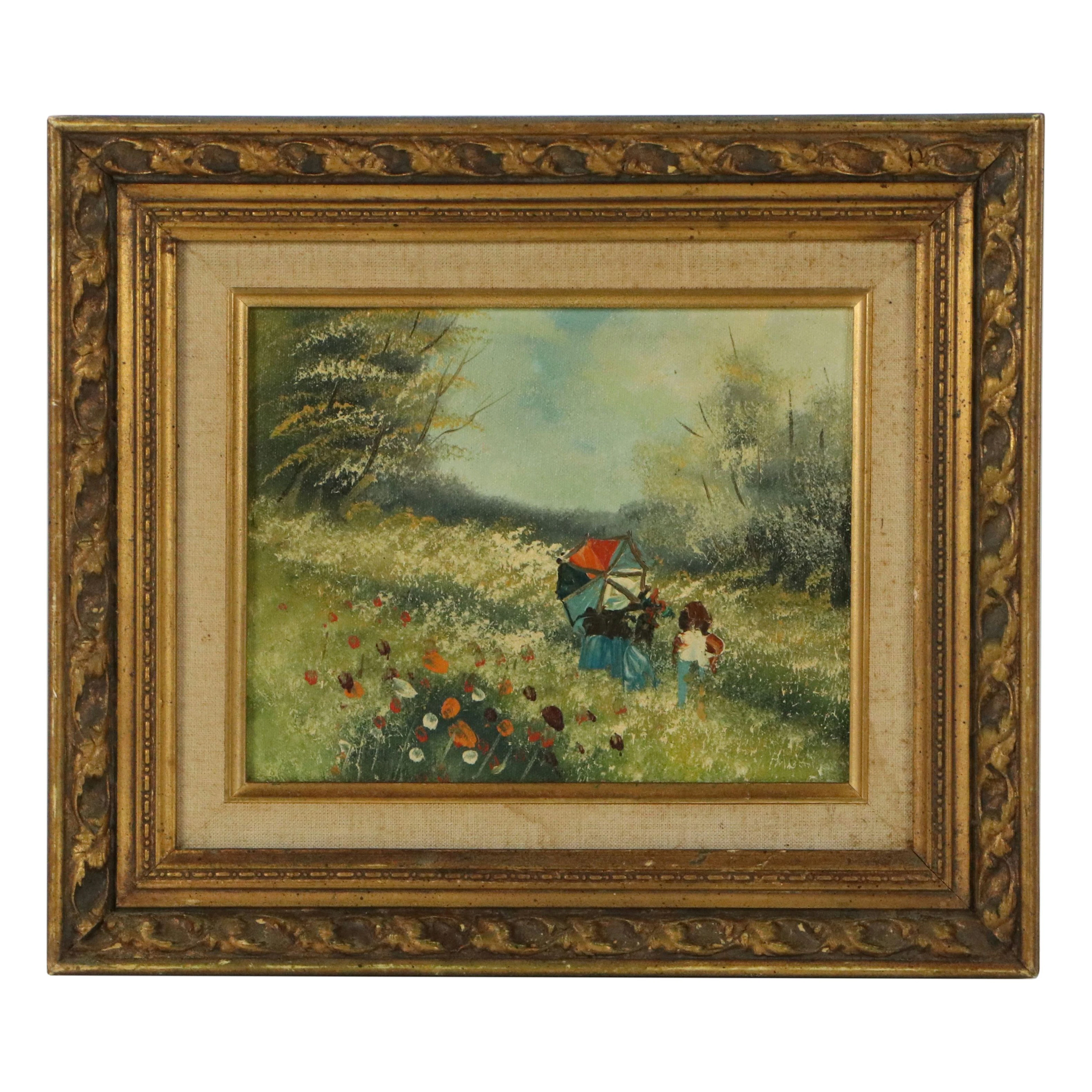 Oil Painting of Figures in Wildflower Field Landscape, Mid-20th Century