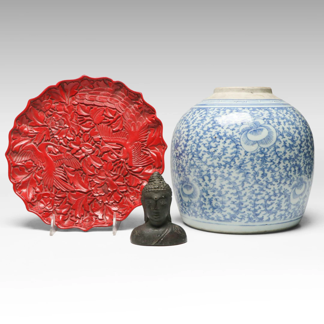 Chinese Porcelain Ginger Jar, Imitation Cinnabar Plate, and Metal Buddha Head