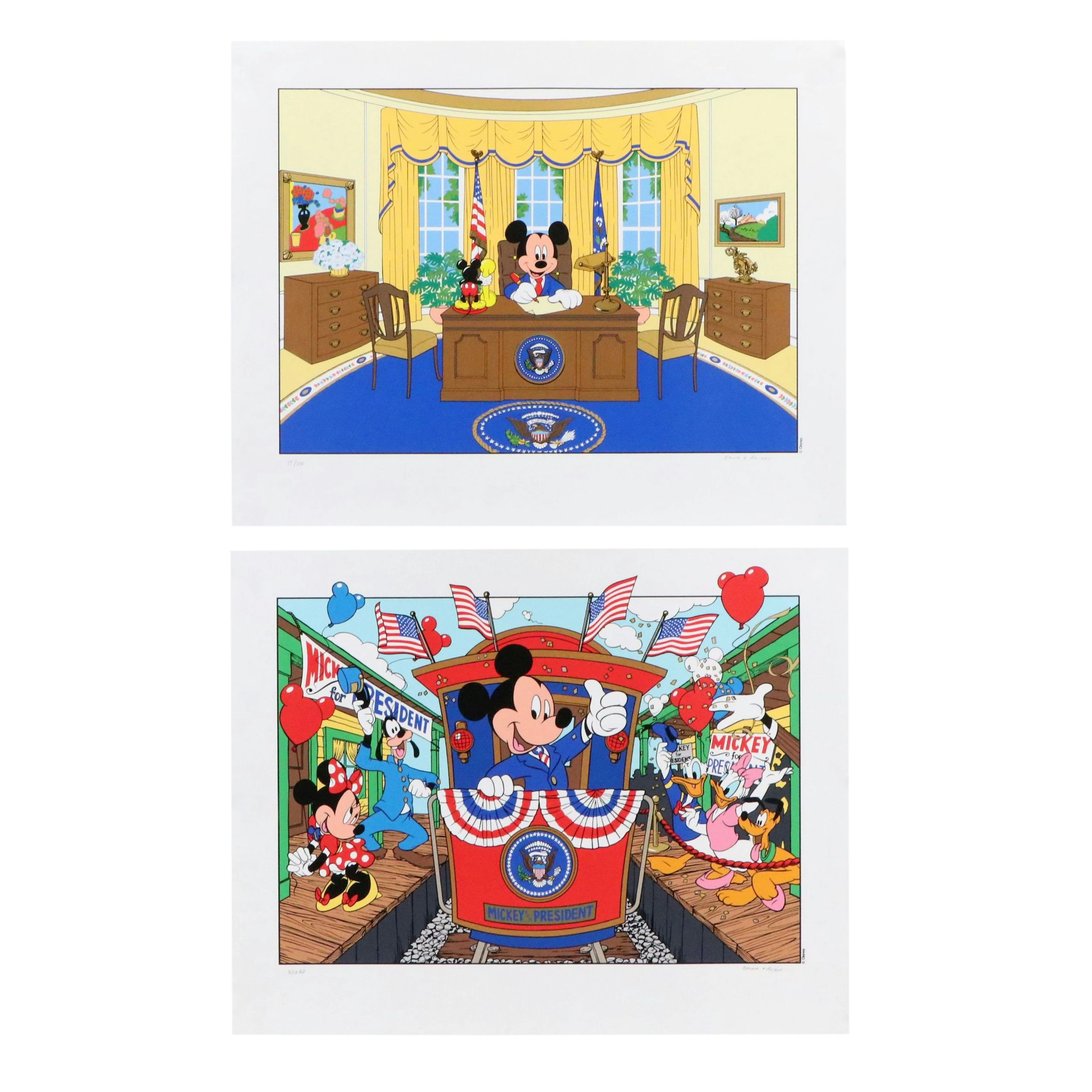 Sowa & Reiser Disney Serigraphs "Mickey Mouse for President" and "Oval Office"