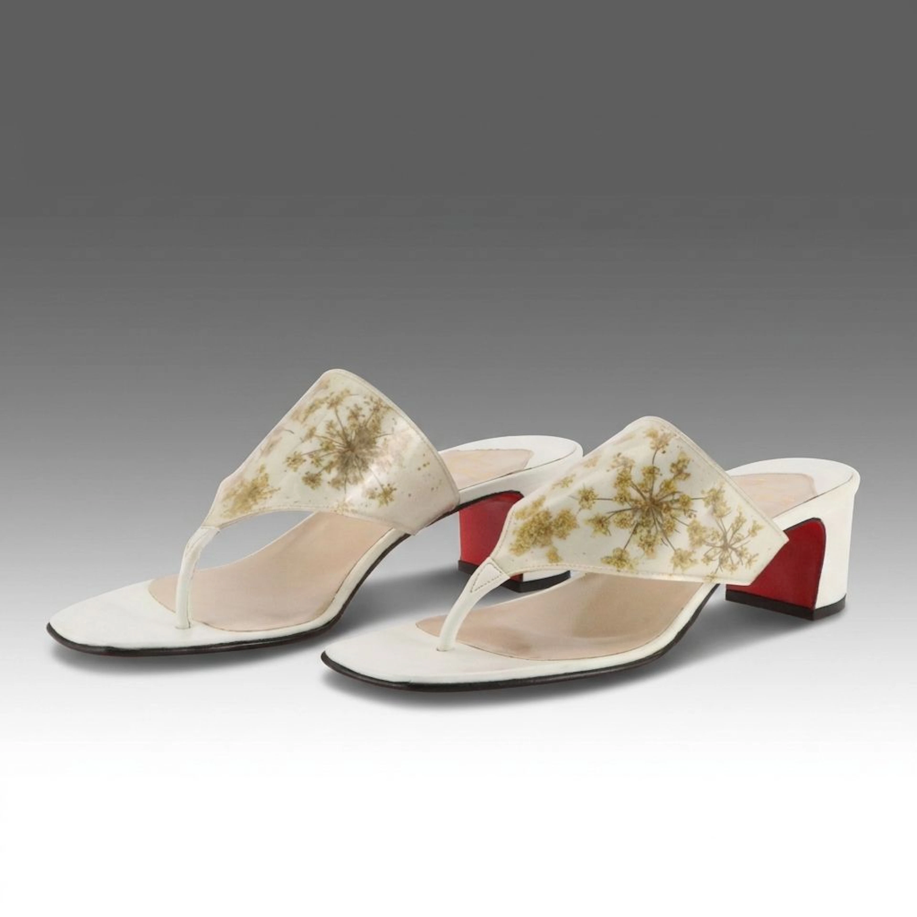 Christian Louboutin Botanical PVC and White Leather Block Heel Sandals with Box