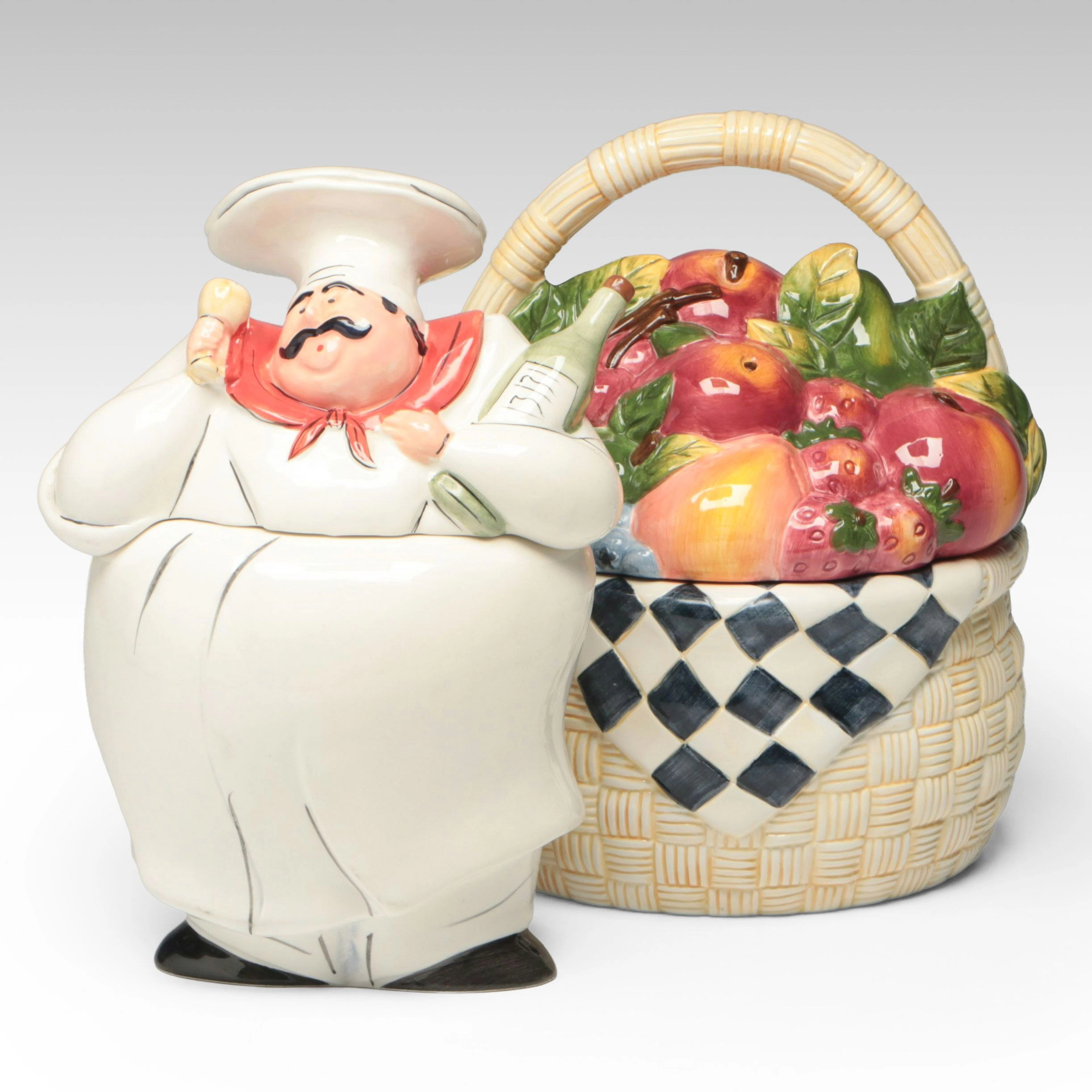 Ceramic Chef and Fruit Basket Cookie Jars