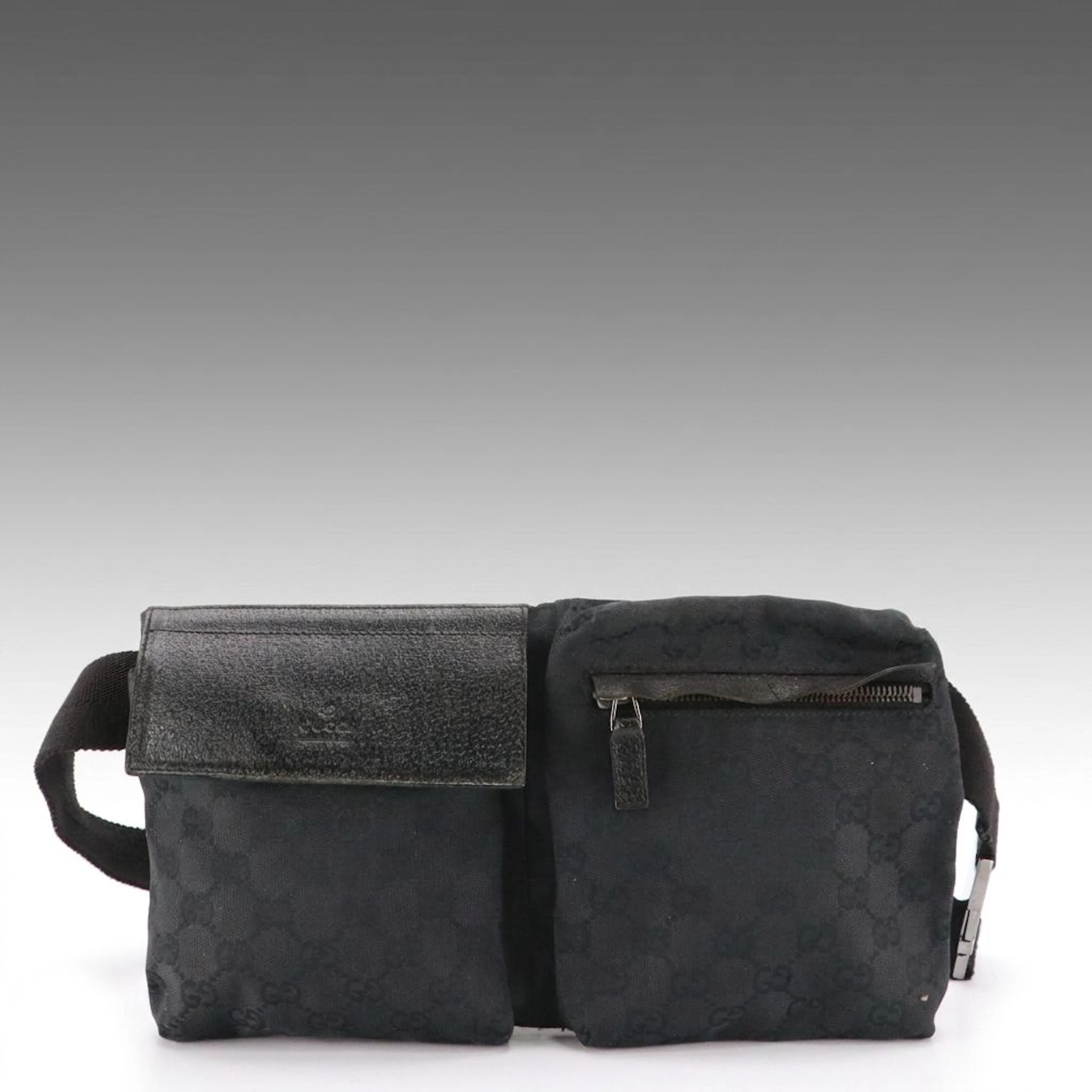 Gucci Double Pocket Belt Bag in Black GG Canvas and Leather