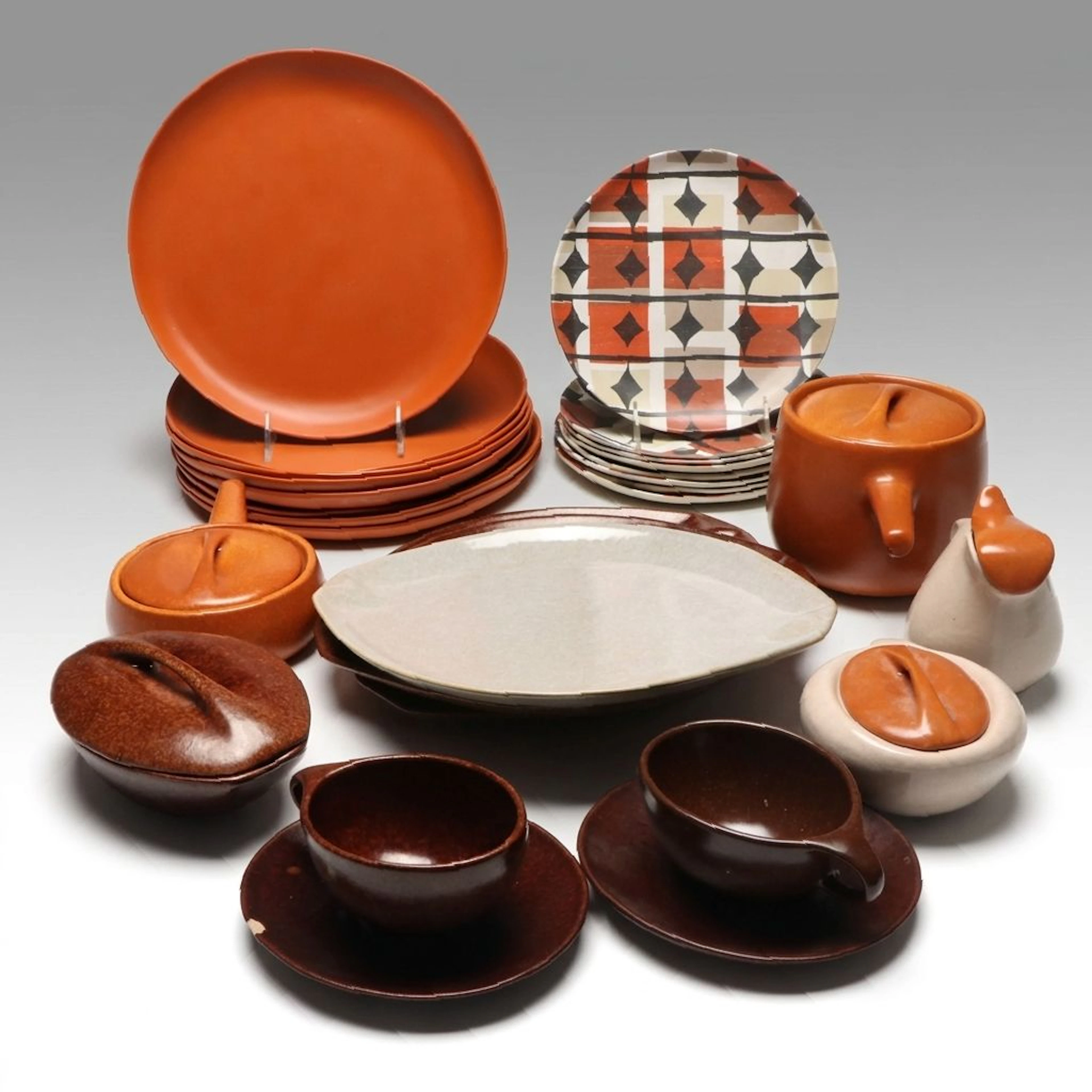 Raymor by Roseville Mid Century Modern Serveware with Crate & Barrel Dinnerware