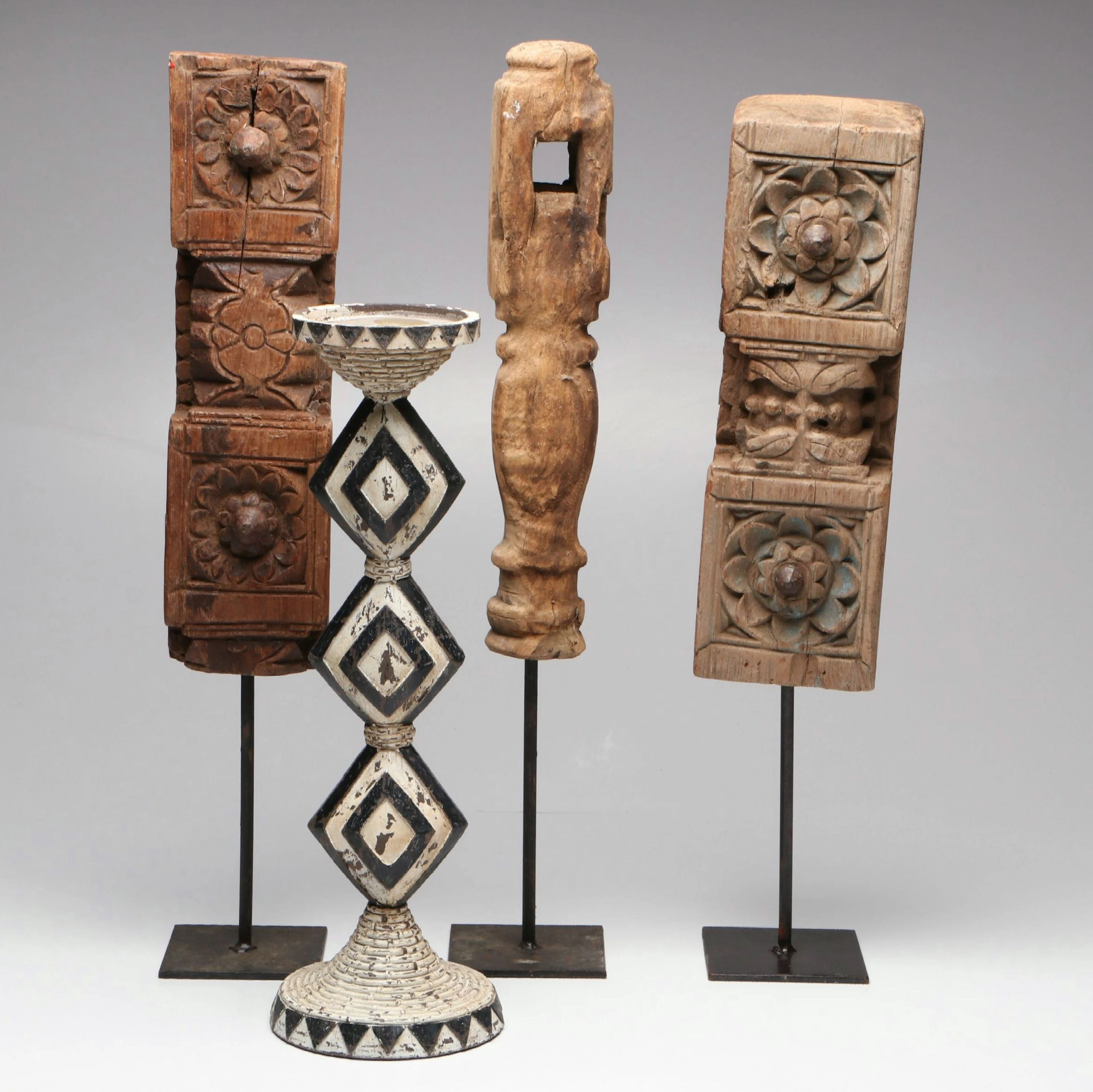 Floral and Abstract Indian Wood Carvings with Geometric Pillar Candle Holder