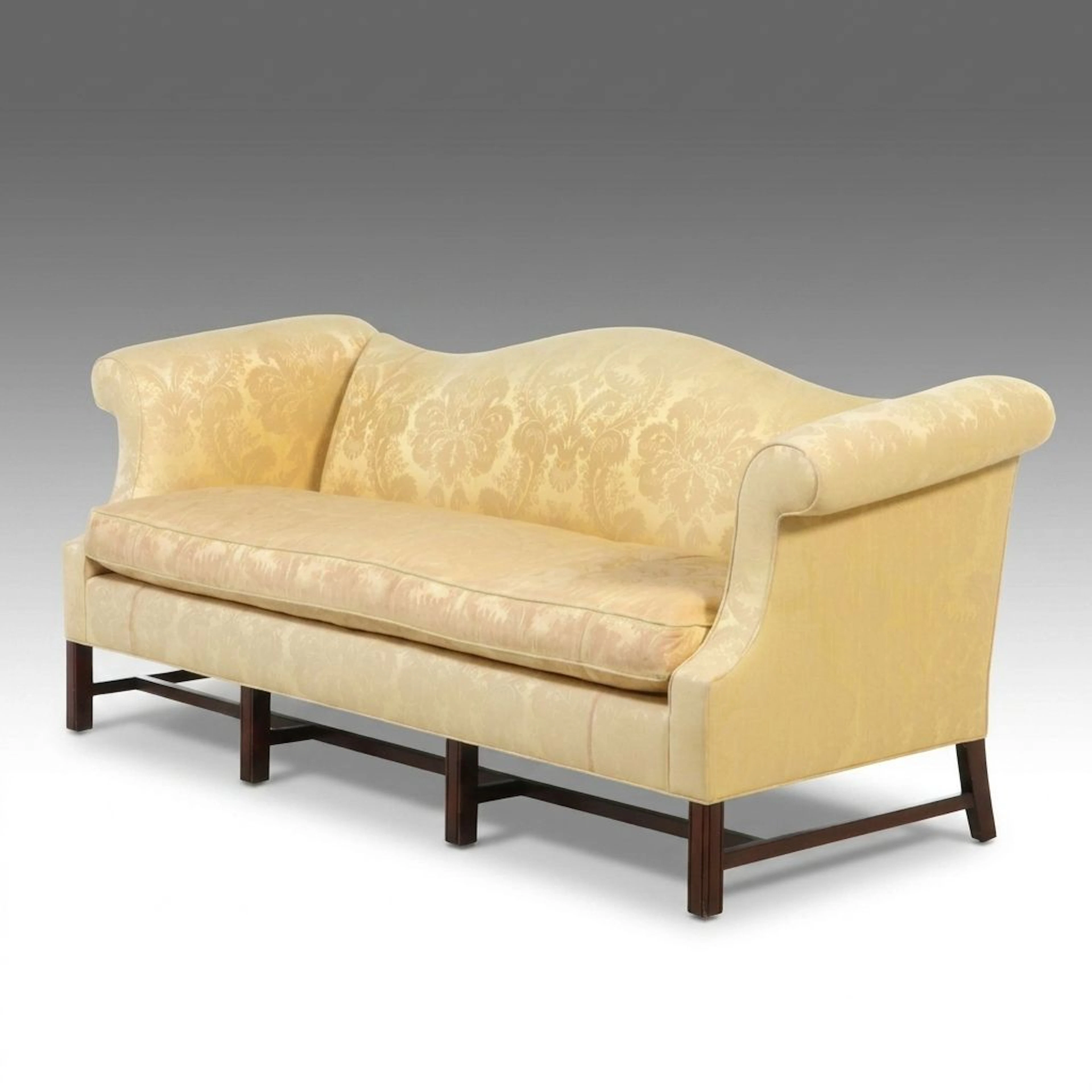 Moyes Chippendale Style Damask Upholstered Camelback Sofa, Late 20th Century