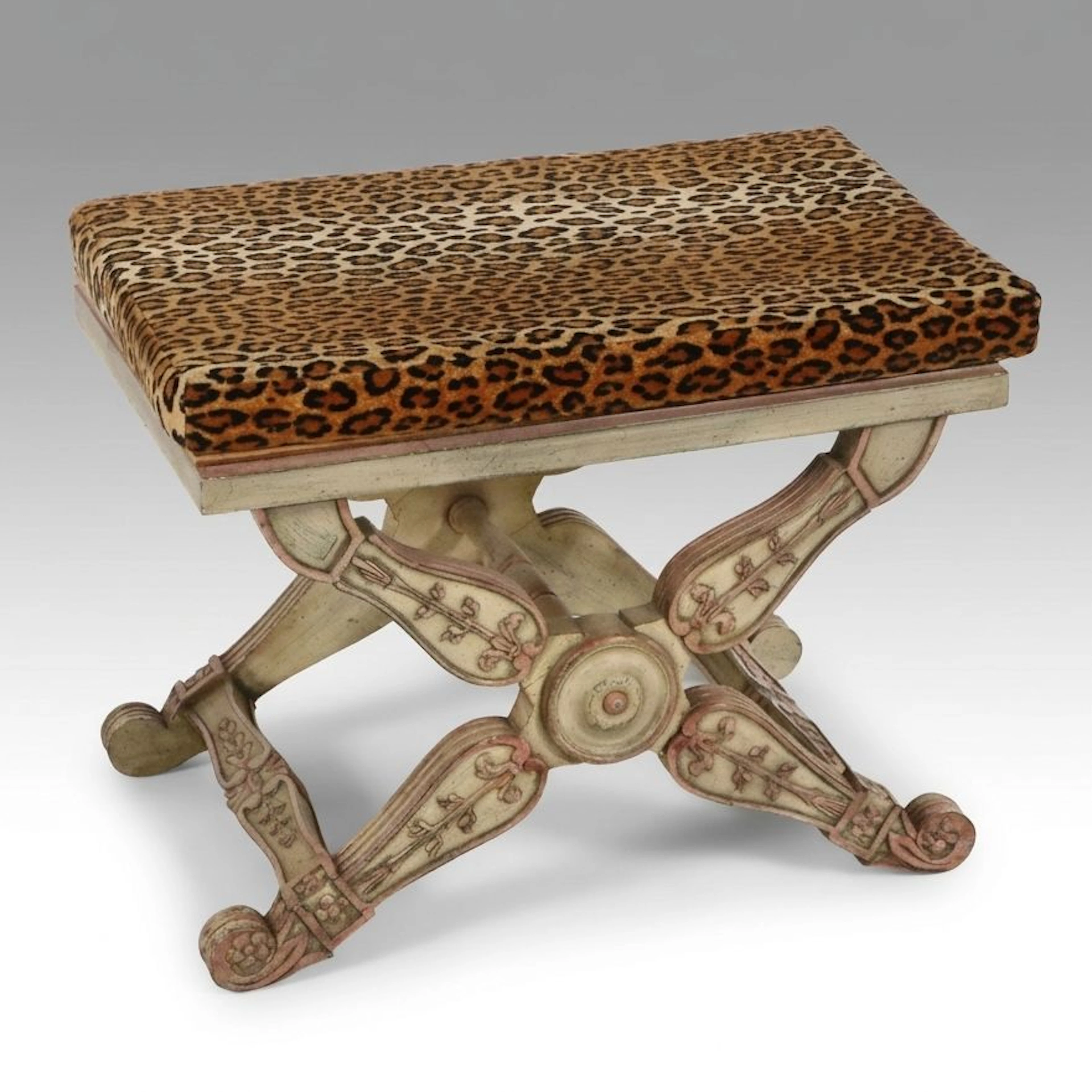 Italianate Painted X-Frame Stool with Leopard Print Upholstery
