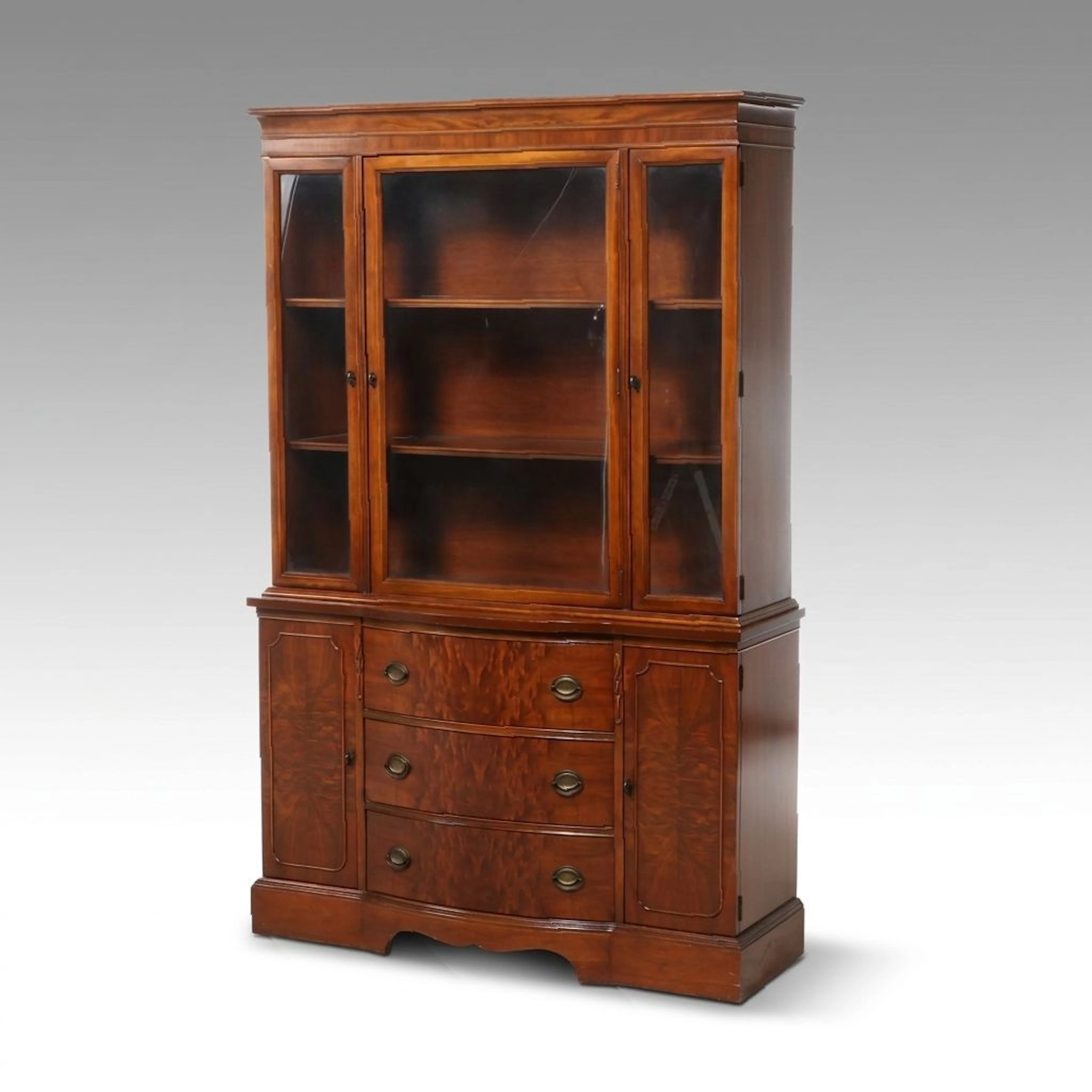 Neoclassical Style Walnut Step-Back Hutch China Cabinet
