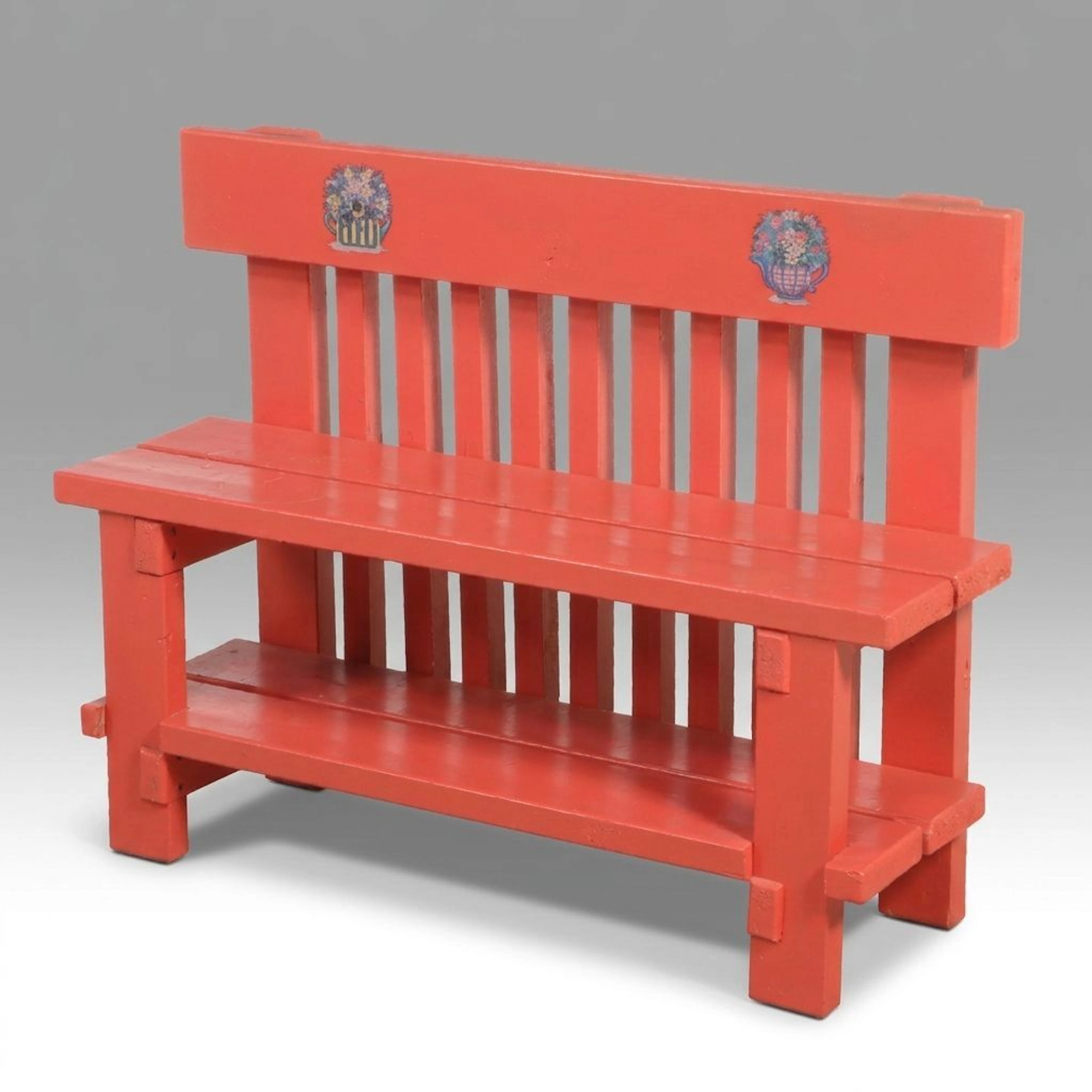 Coral Red Painted Wooden Garden Bench, Late 20th Century