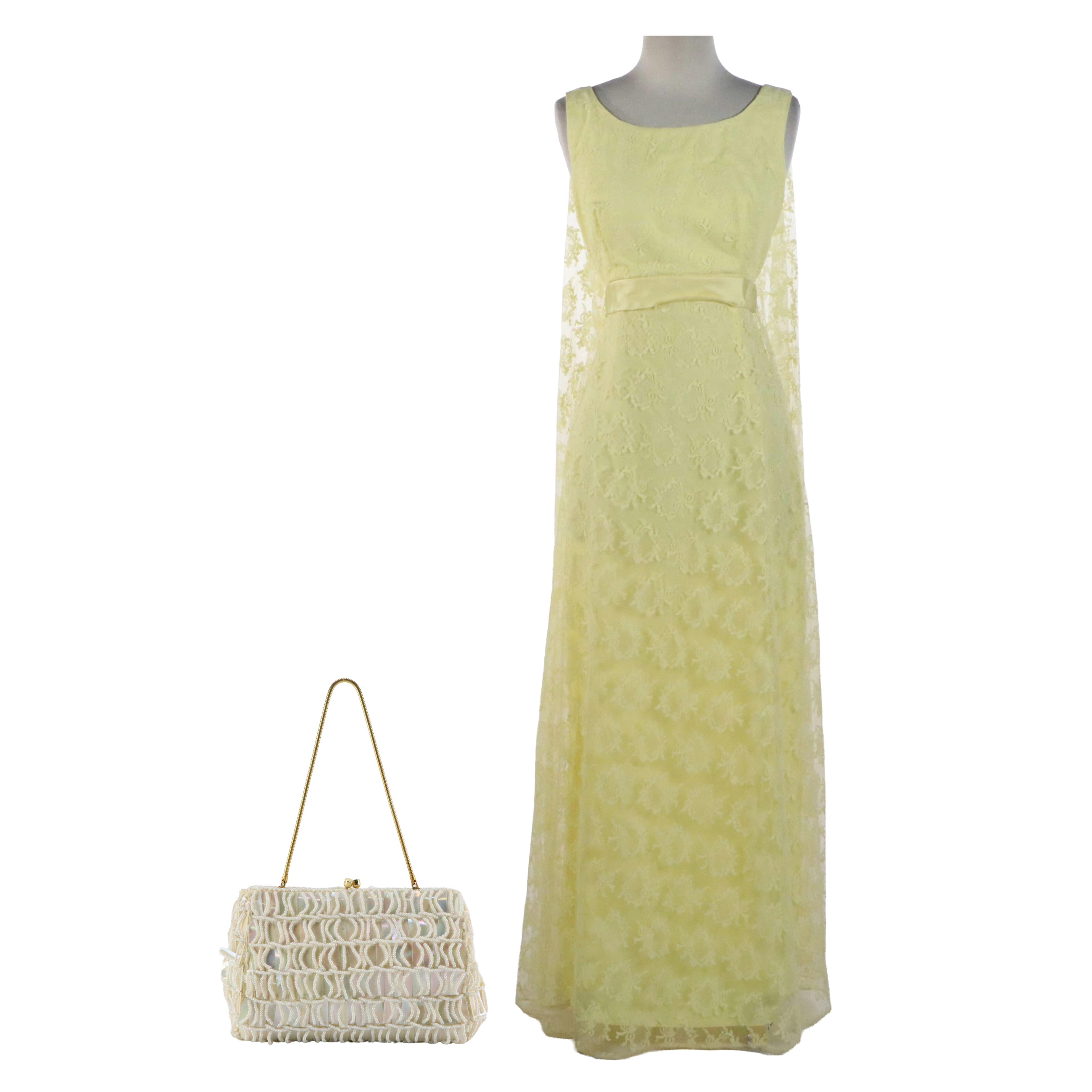 Yellow Lace Sleeveless Evening Dress with Iridescent Beaded Evening Bag