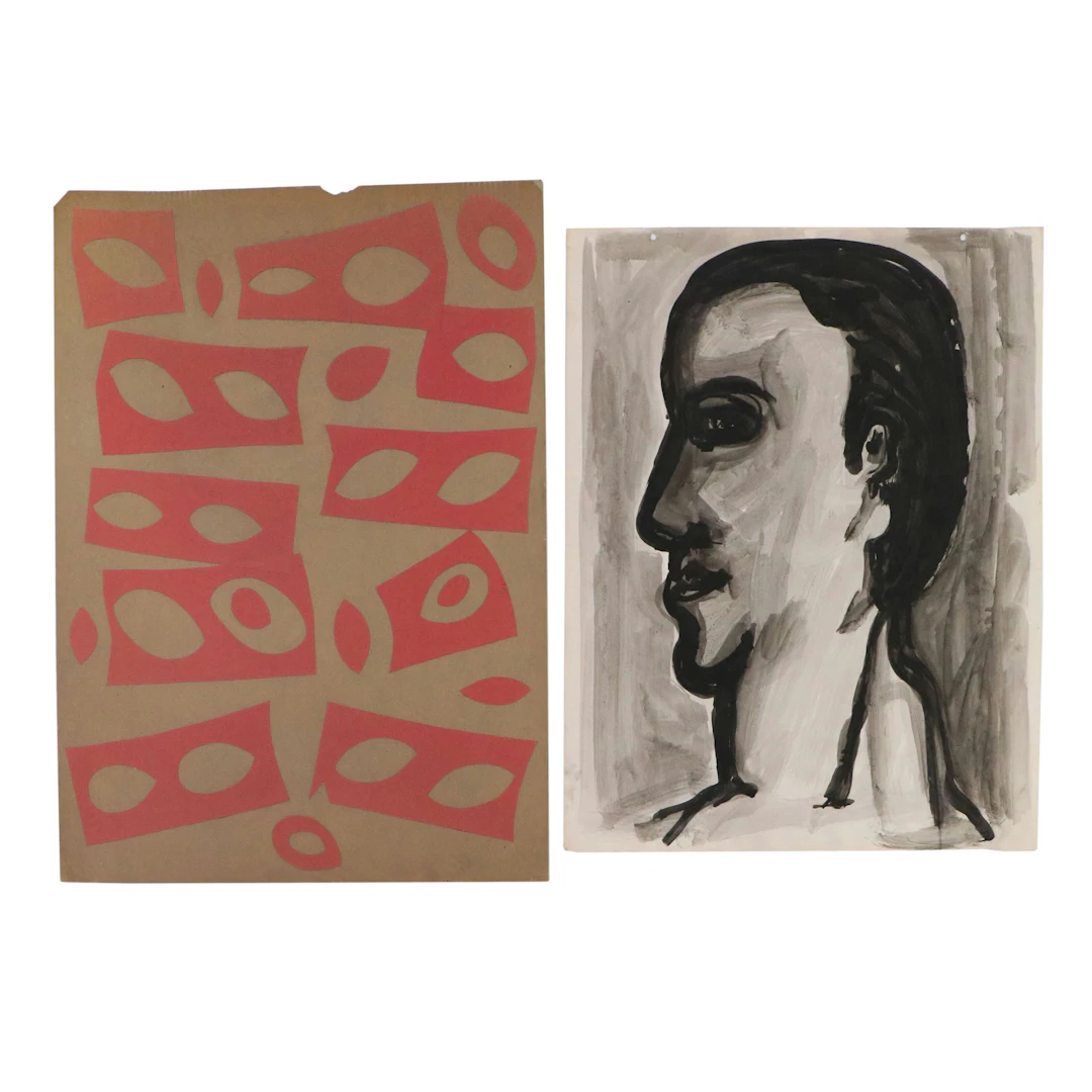 Achi Sullo Ink Wash Sketches with Additional Geometric Collage, 20th Century