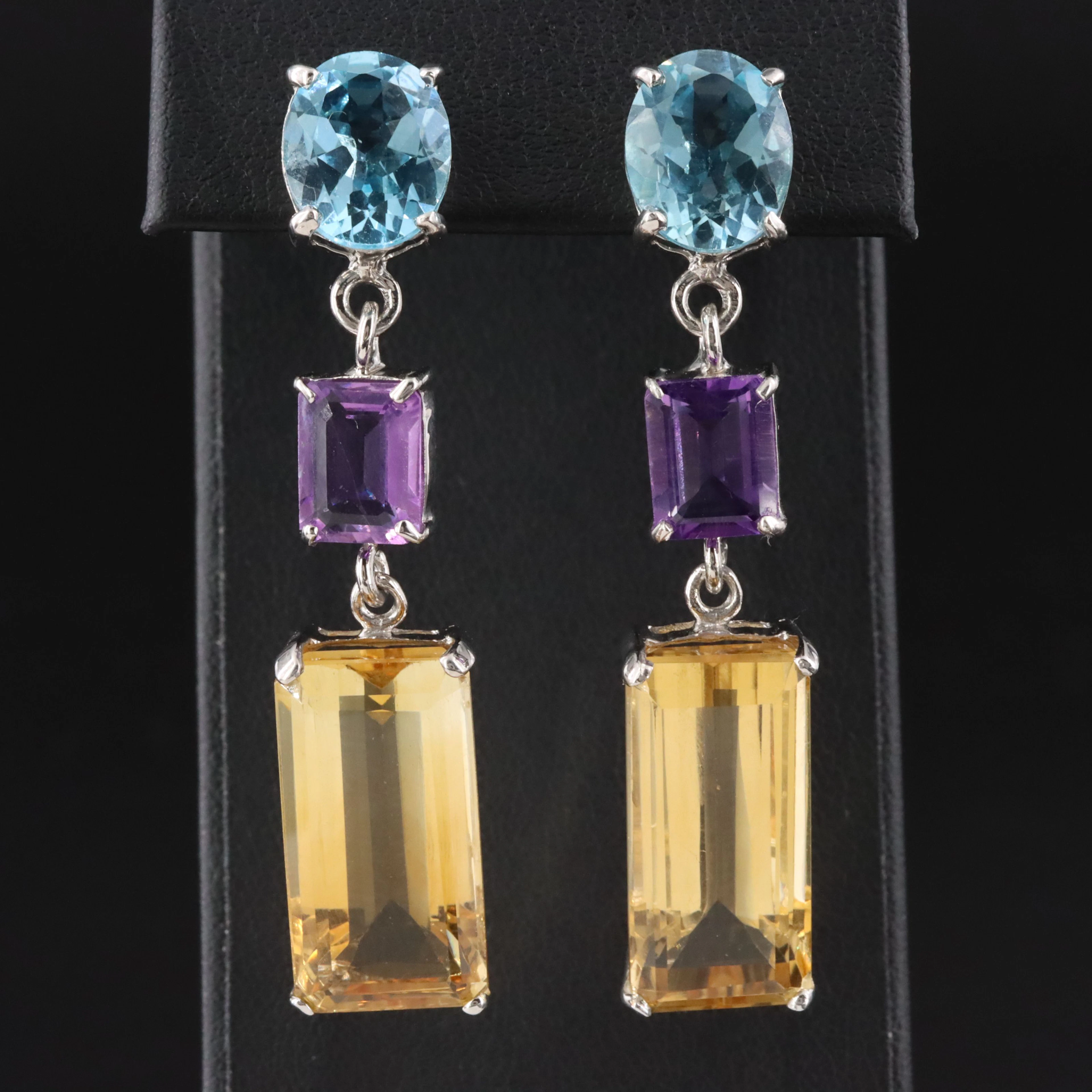 Sterling Blue Topaz, Amethyst and Citrine Earrings