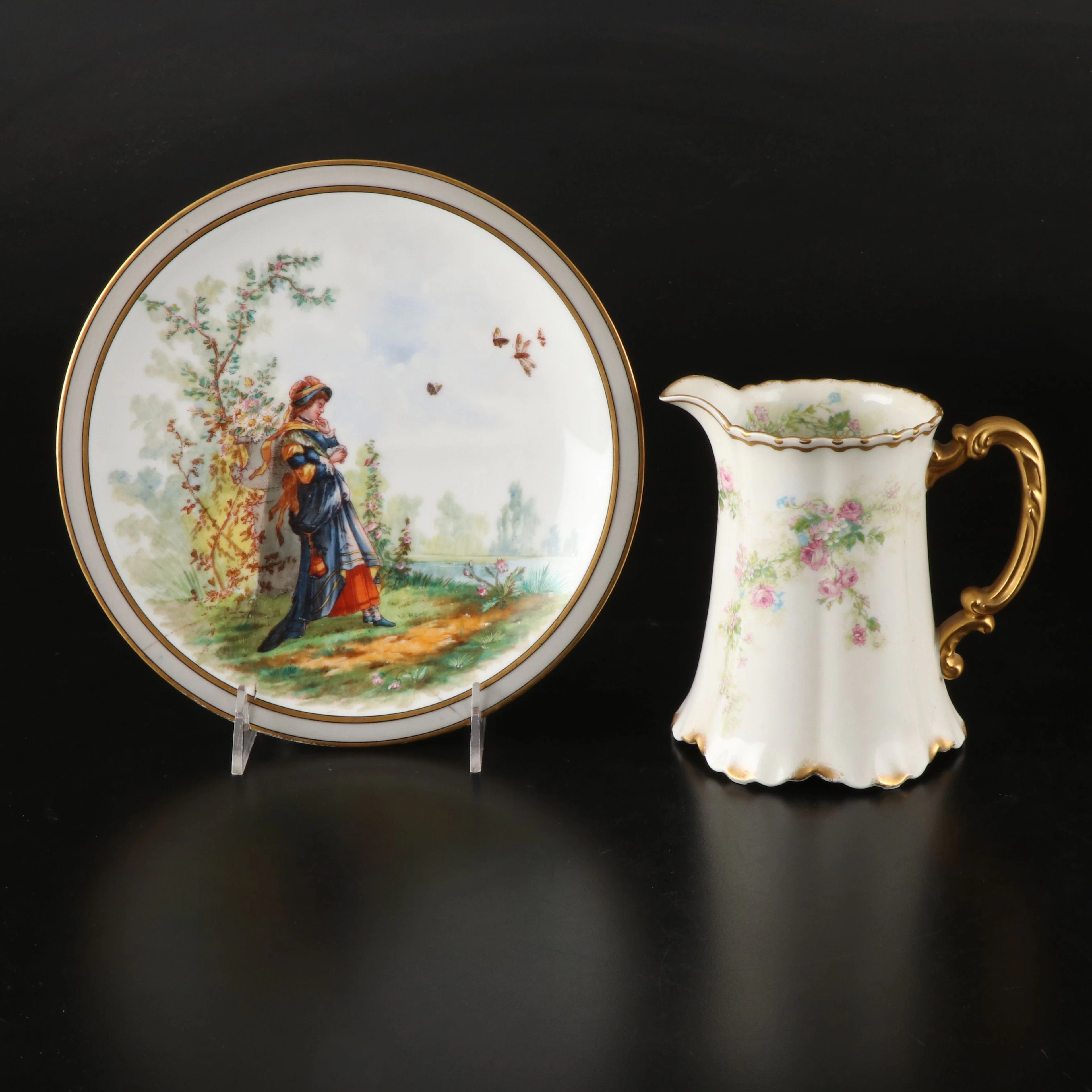Theodore Haviland Woman Resting Near Lake Porcelain Plate with Floral Pitcher
