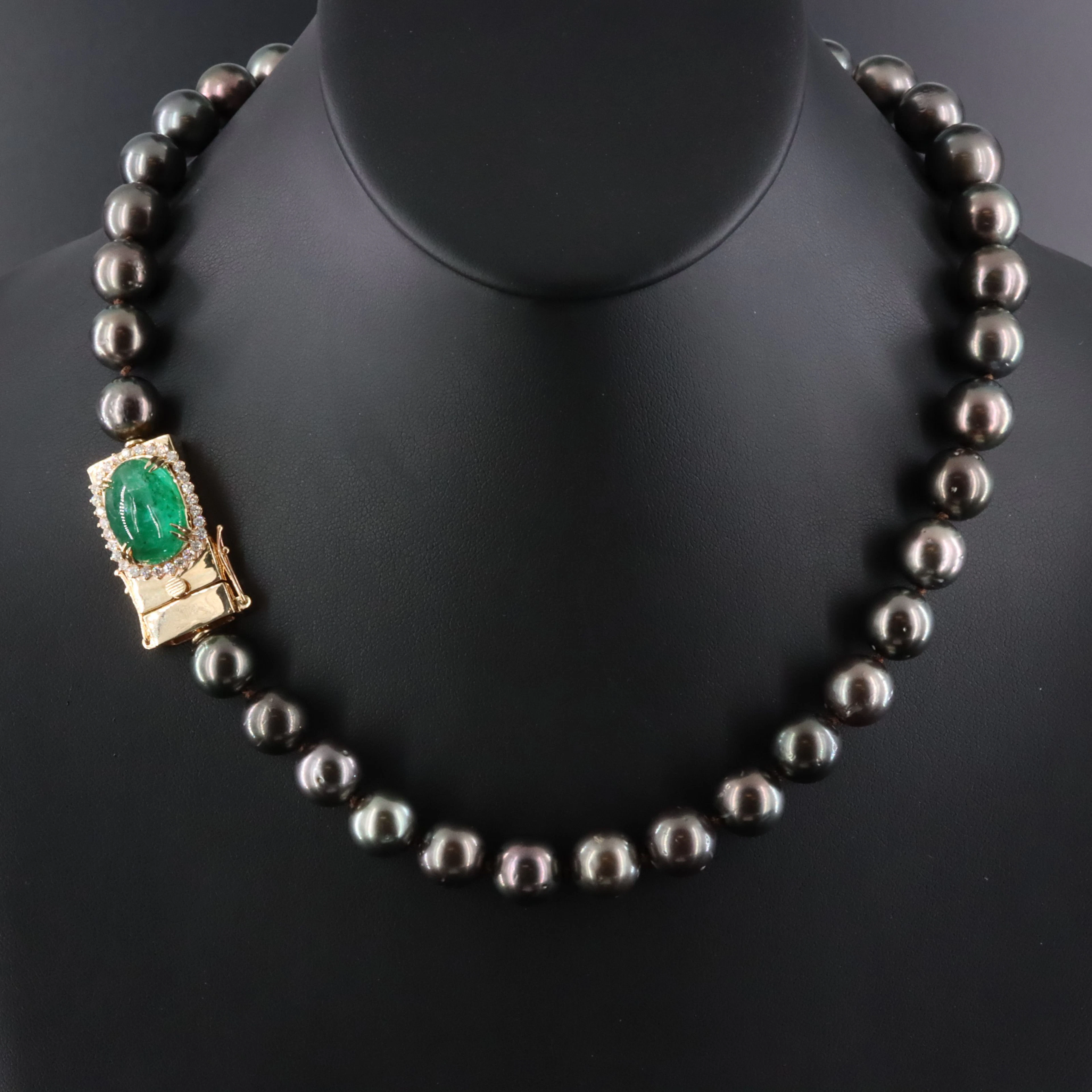 Tahitian Pearl Necklace with 14K 11.82 CT Emerald Clasp and GIA Reports