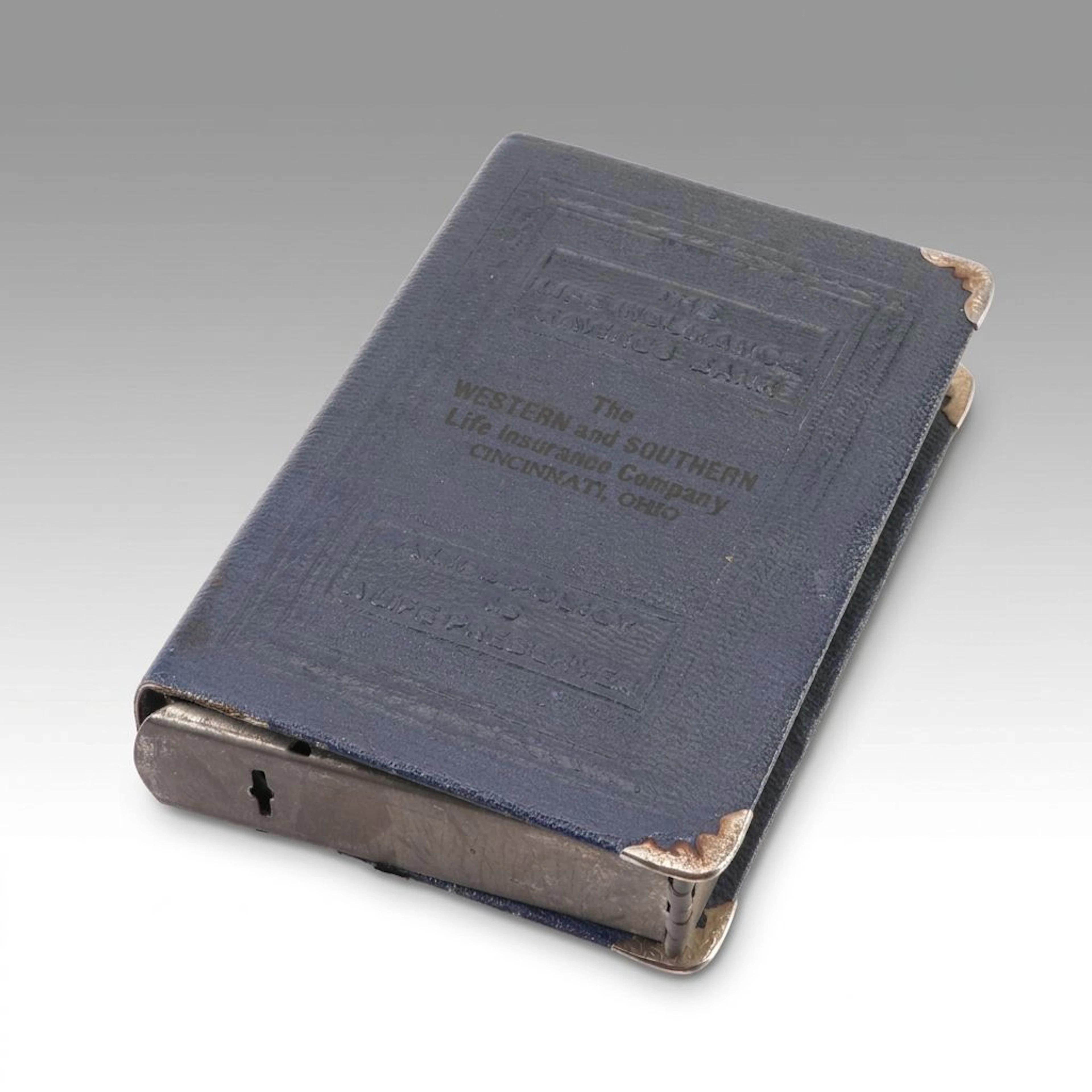 Book-Themed Vintage Metal Bank with Coins, Including Silver