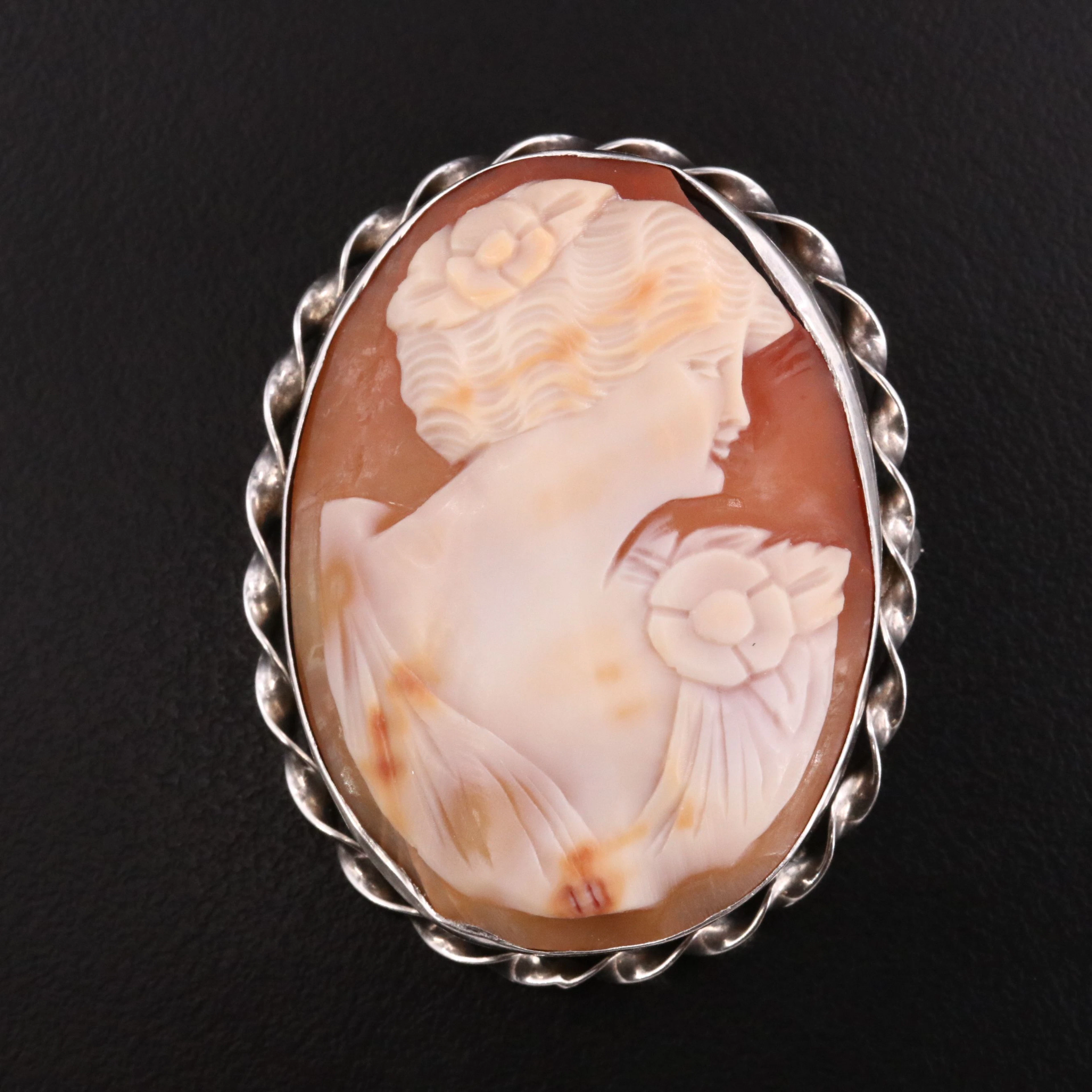 Sterling Shell Cameo Brooch with a Braided Frame