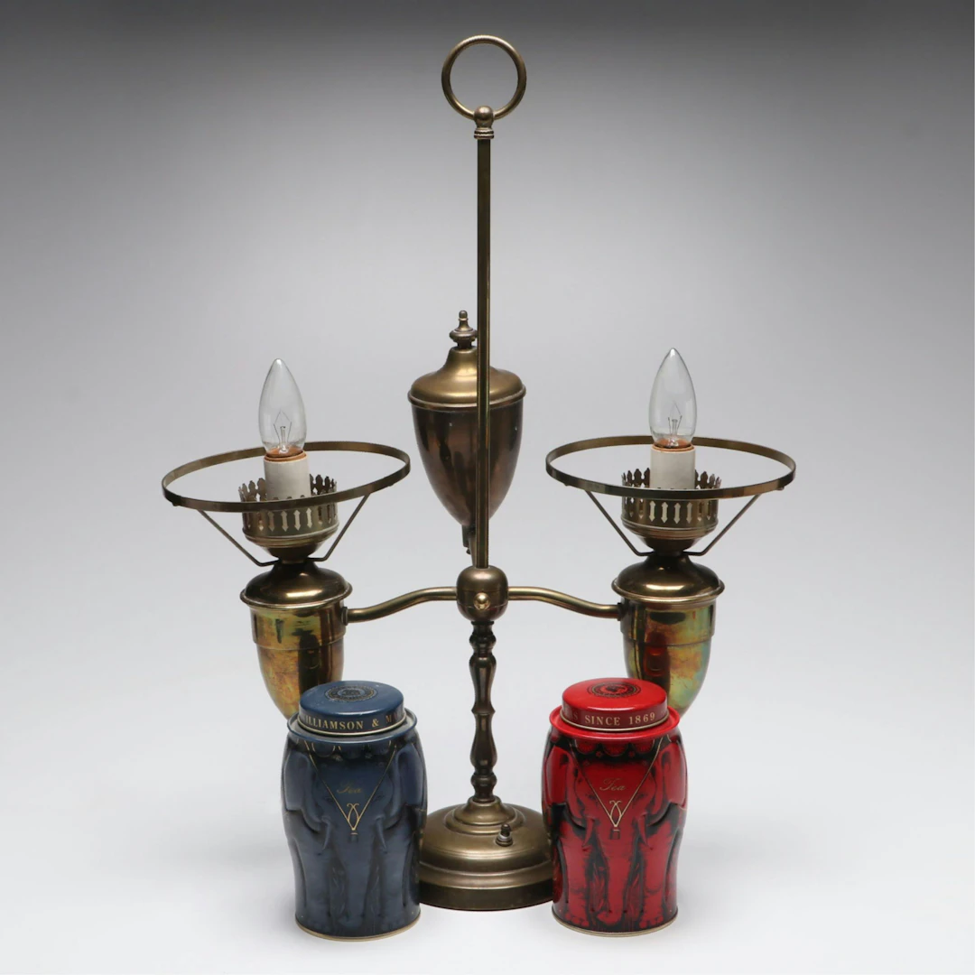 Victorian Style Brass Double Student Lamp with English Tea Canisters