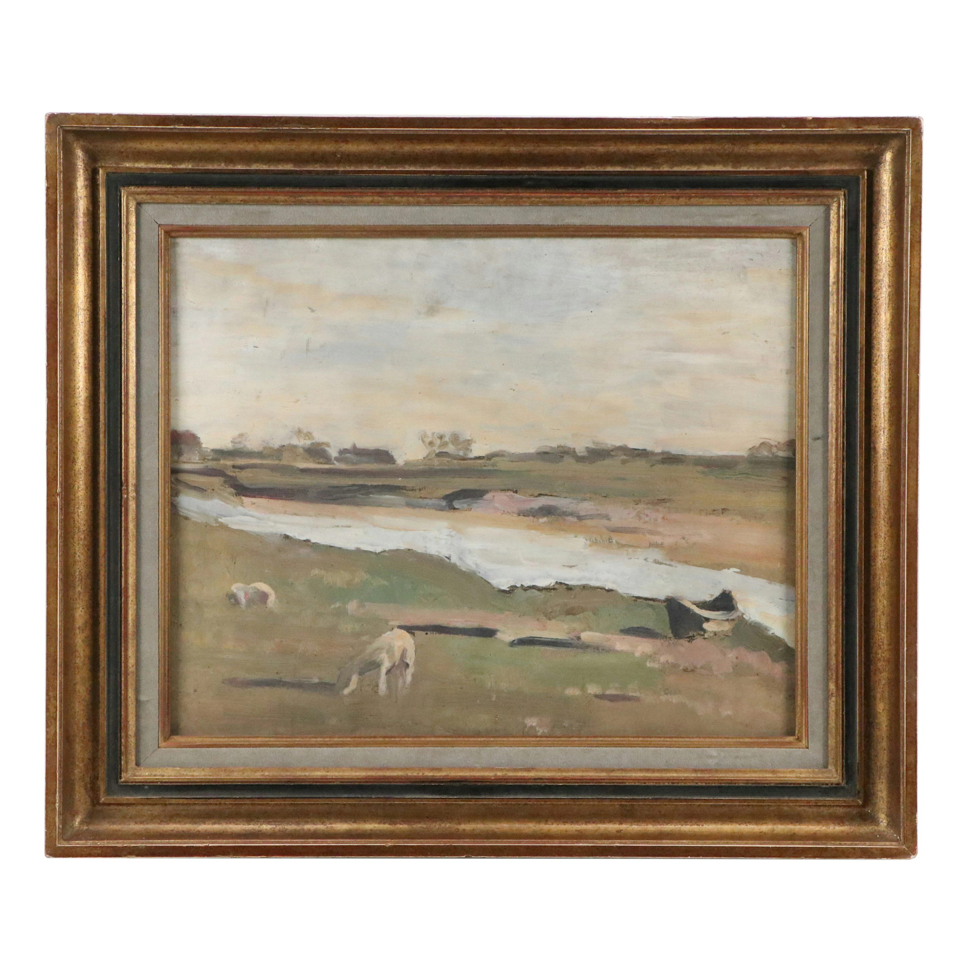Oil Painting of Landscape with Sheep, Early to Mid-20th Century