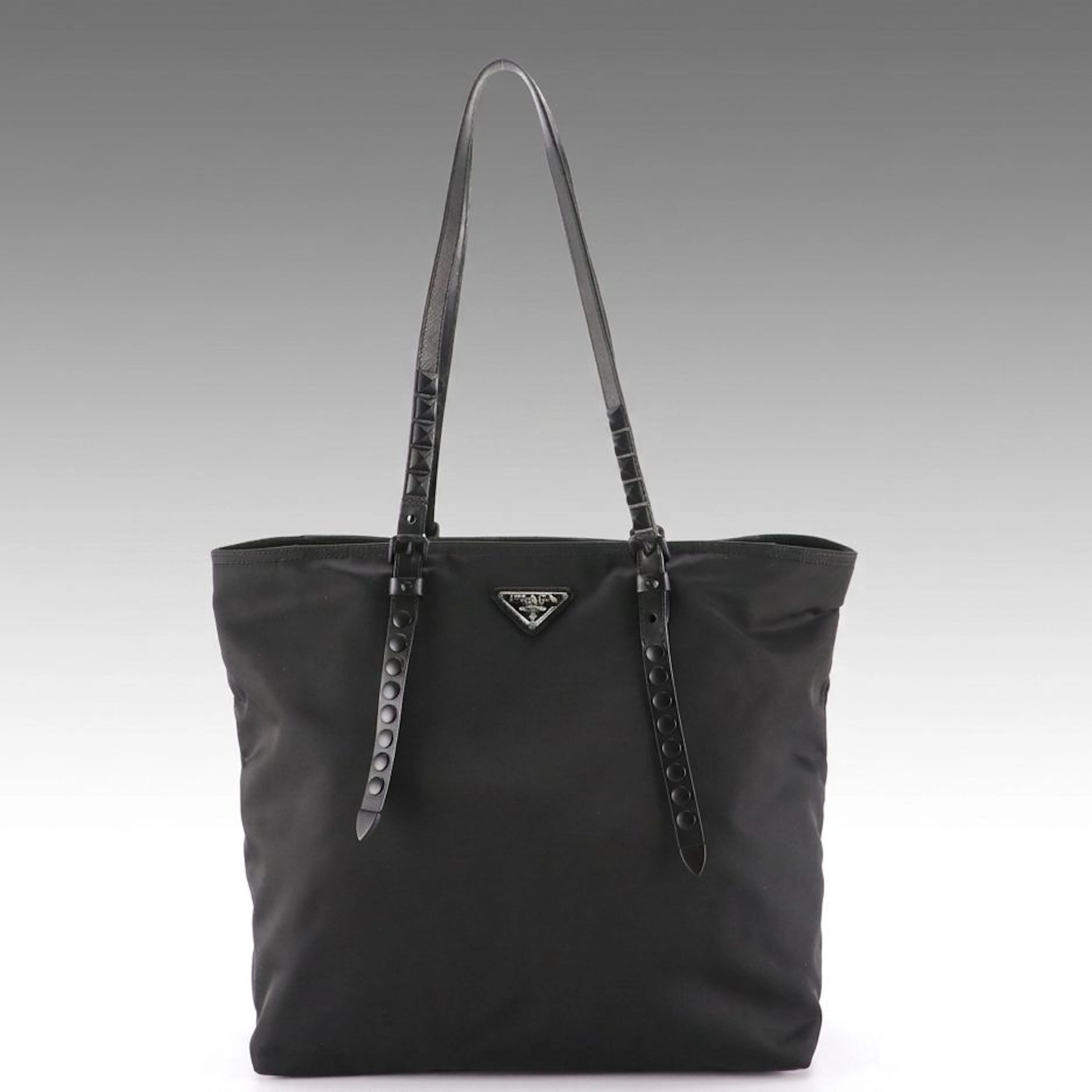 Prada Studded Strap Zip Tote Bag in Black Tessuto Nylon and Saffiano Leather