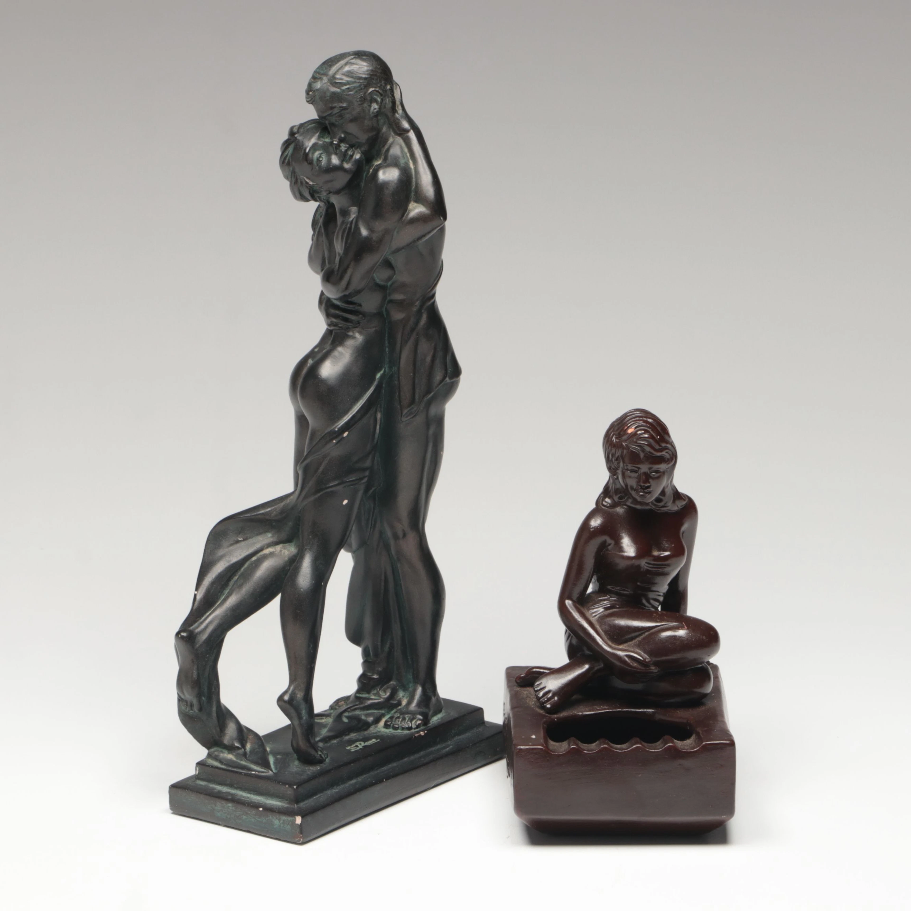 Figural Seated Female Ceramic Ashtray with Embracing Couple Figurine