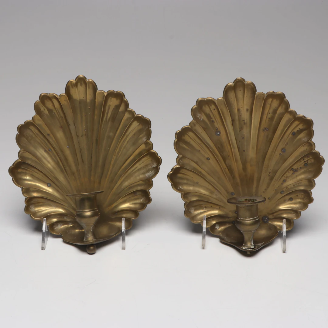 Mottahedeh Brass Scallop Wall Candle Sconce Pair
