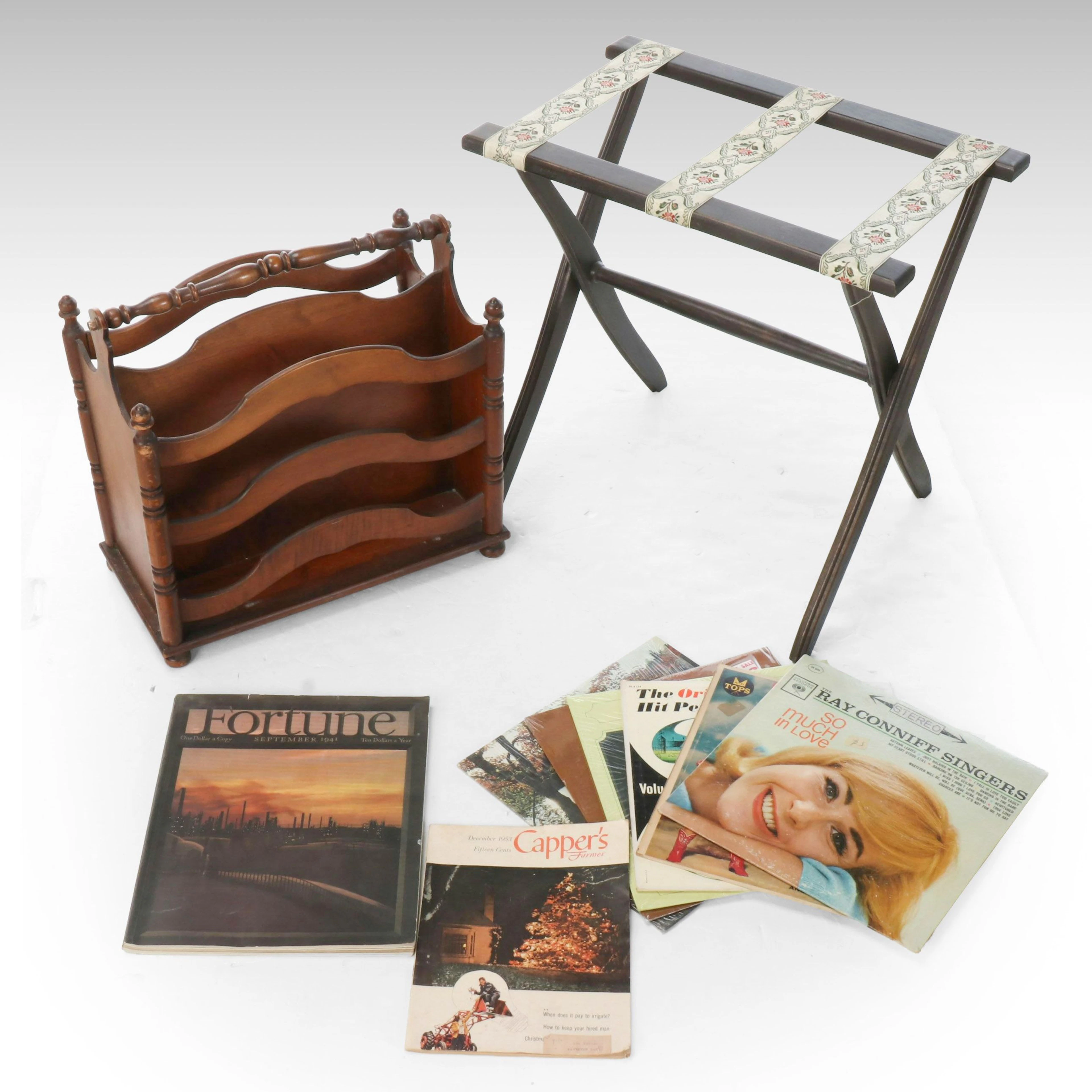 Wood Magazine and Luggage Racks with Vintage Vinyl Records and Ephemera