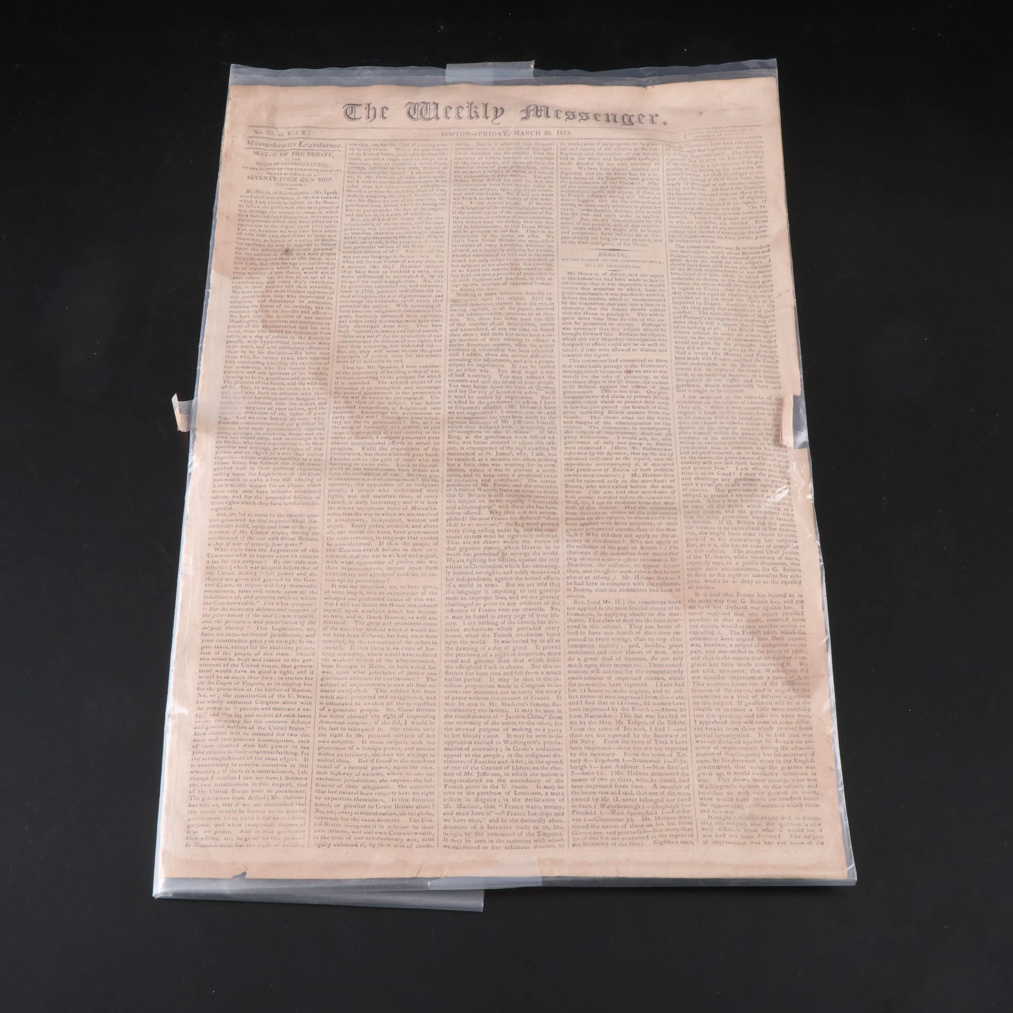 "The Weekly Messenger" Boston Newspaper from March 26th, 1813
