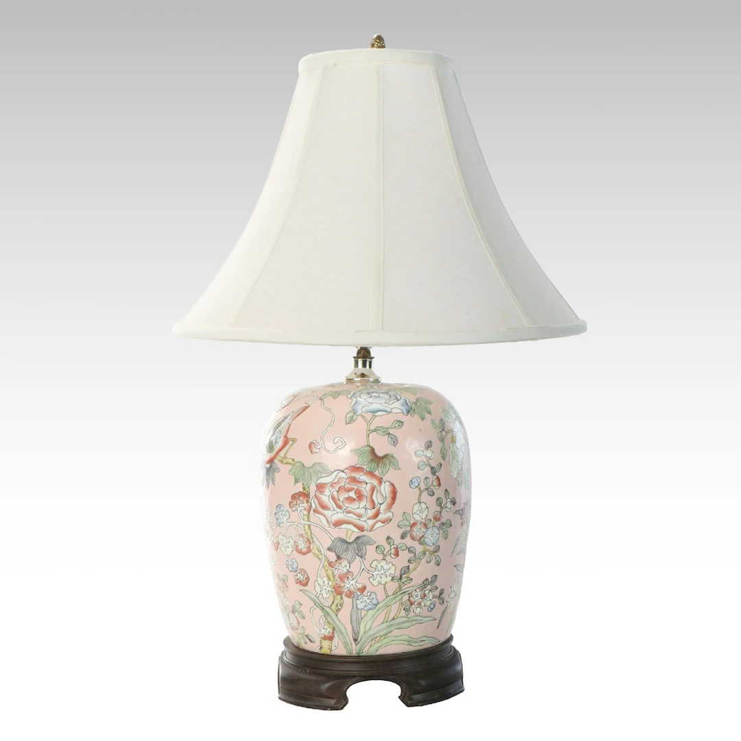 Chinese Hand-Painted Porcelain Melon Jar Table Lamp and Bell Shade