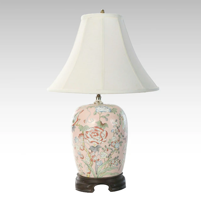 Chinese Hand-Painted Porcelain Melon Jar Table Lamp and Bell Shade